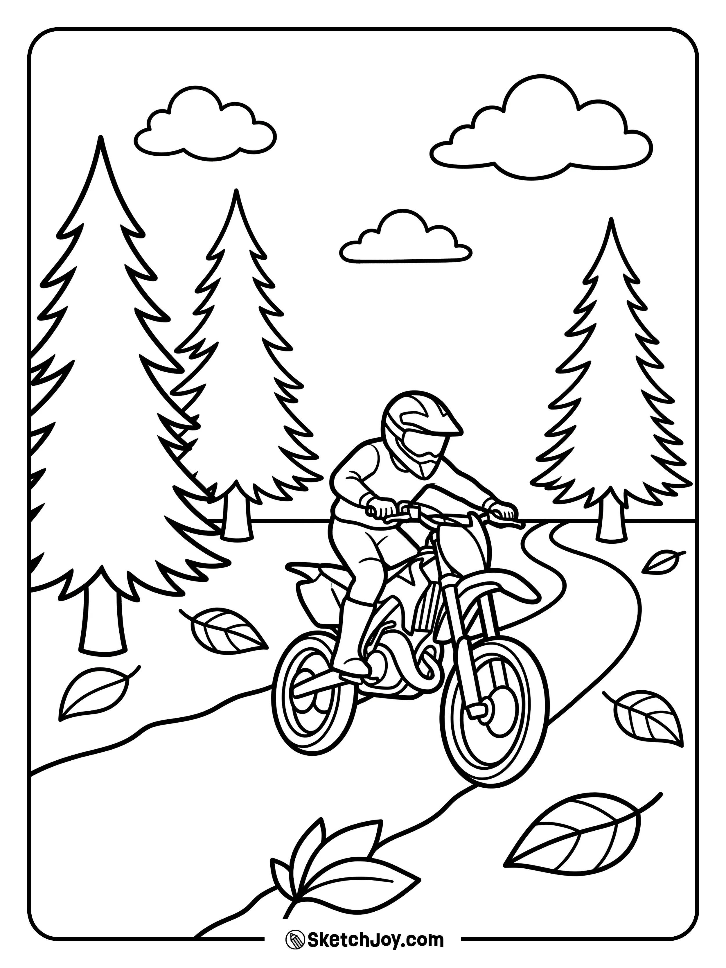 A dirt bike rides past tall trees on a calm trail.