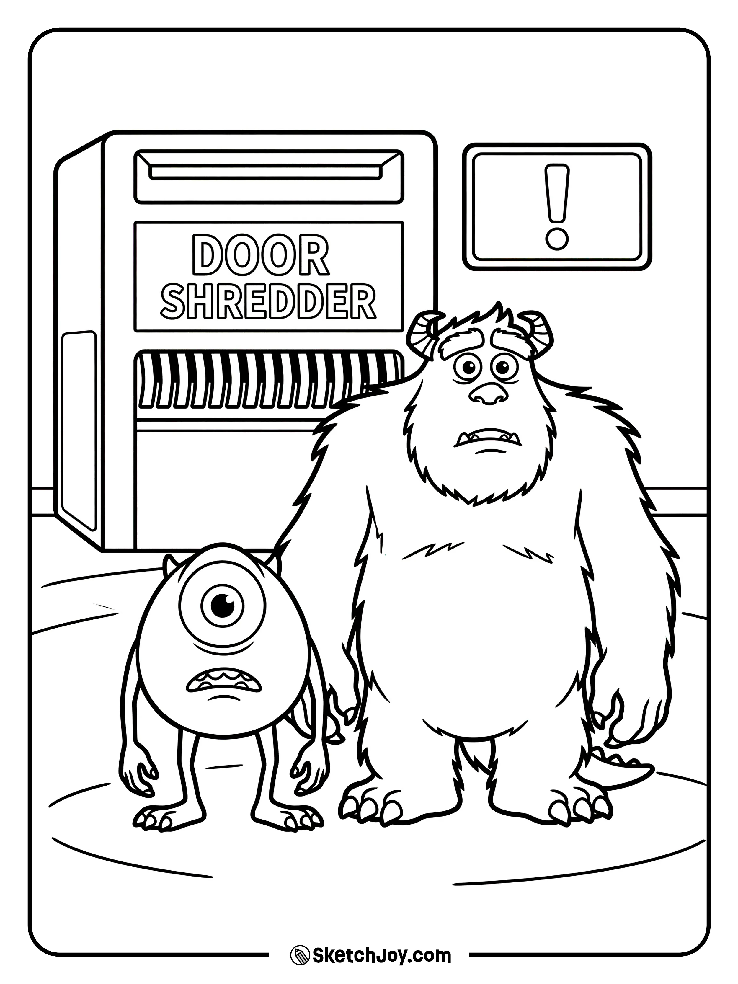 Sulley and Mike stand near the shredder and look worried.