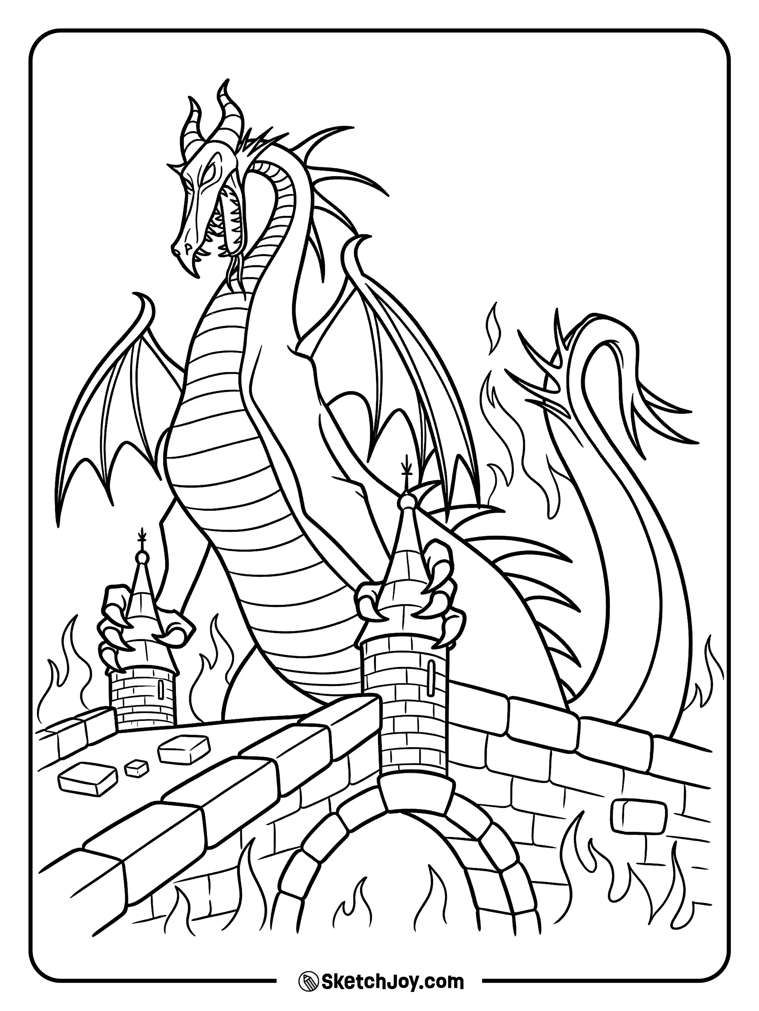 A dragon spreads its wings over a stone bridge.