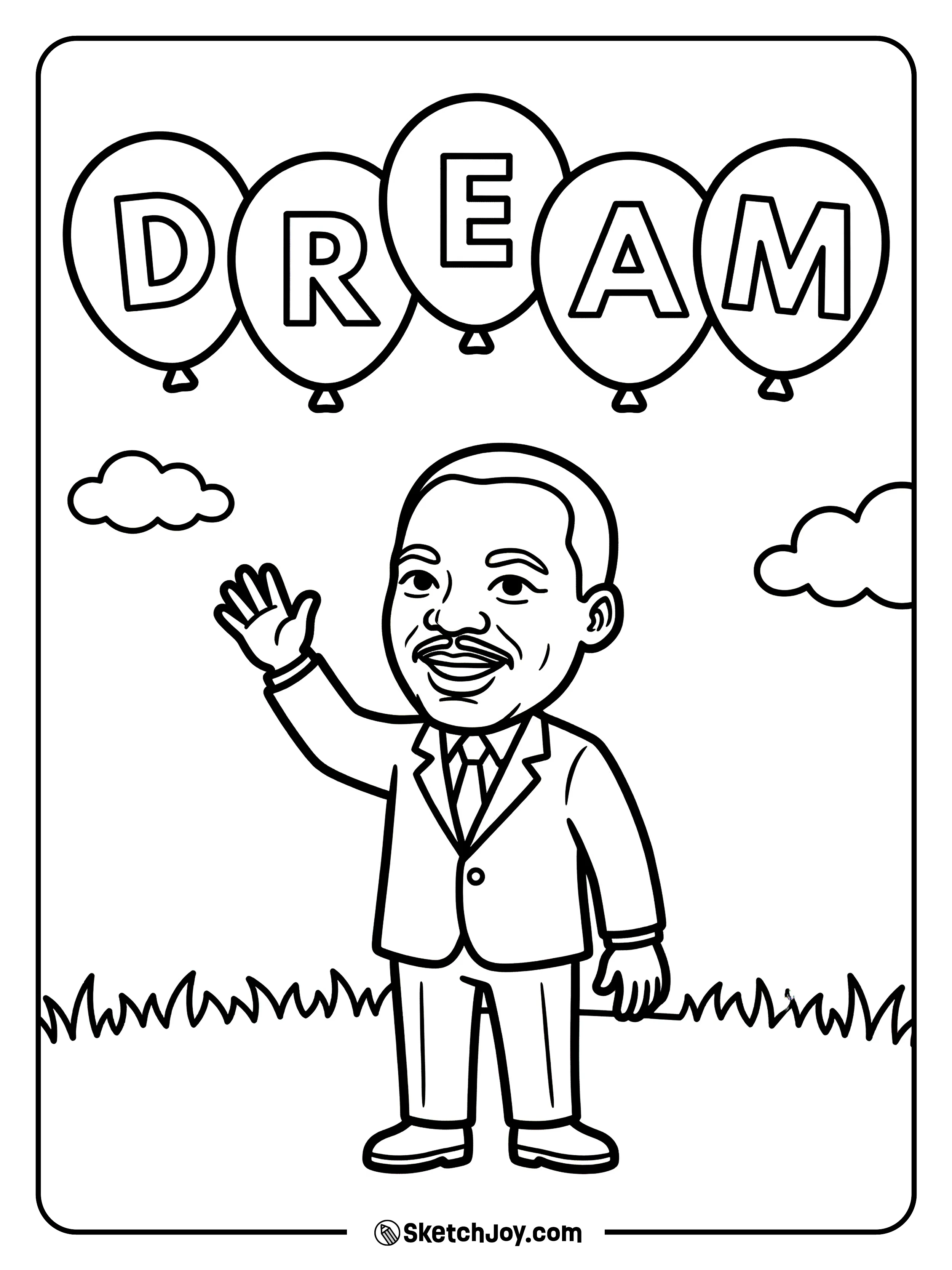 Balloons spell “DREAM” while Dr. King smiles below.