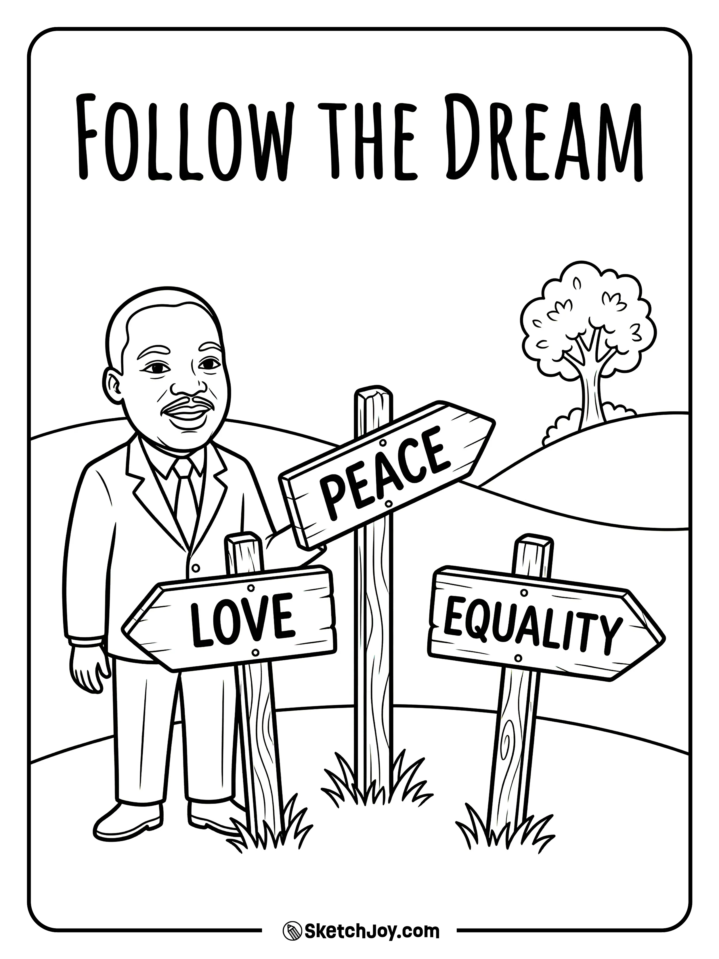 Signposts point to “LOVE,” “PEACE,” and “EQUALITY.”