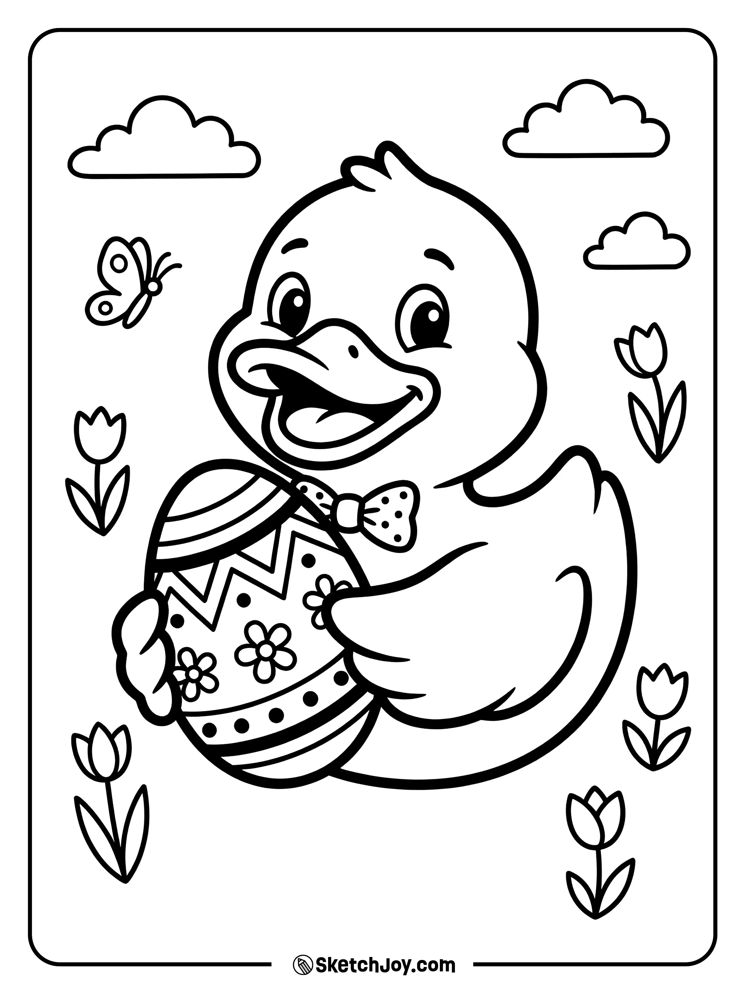 A rubber duck holding an Easter egg.