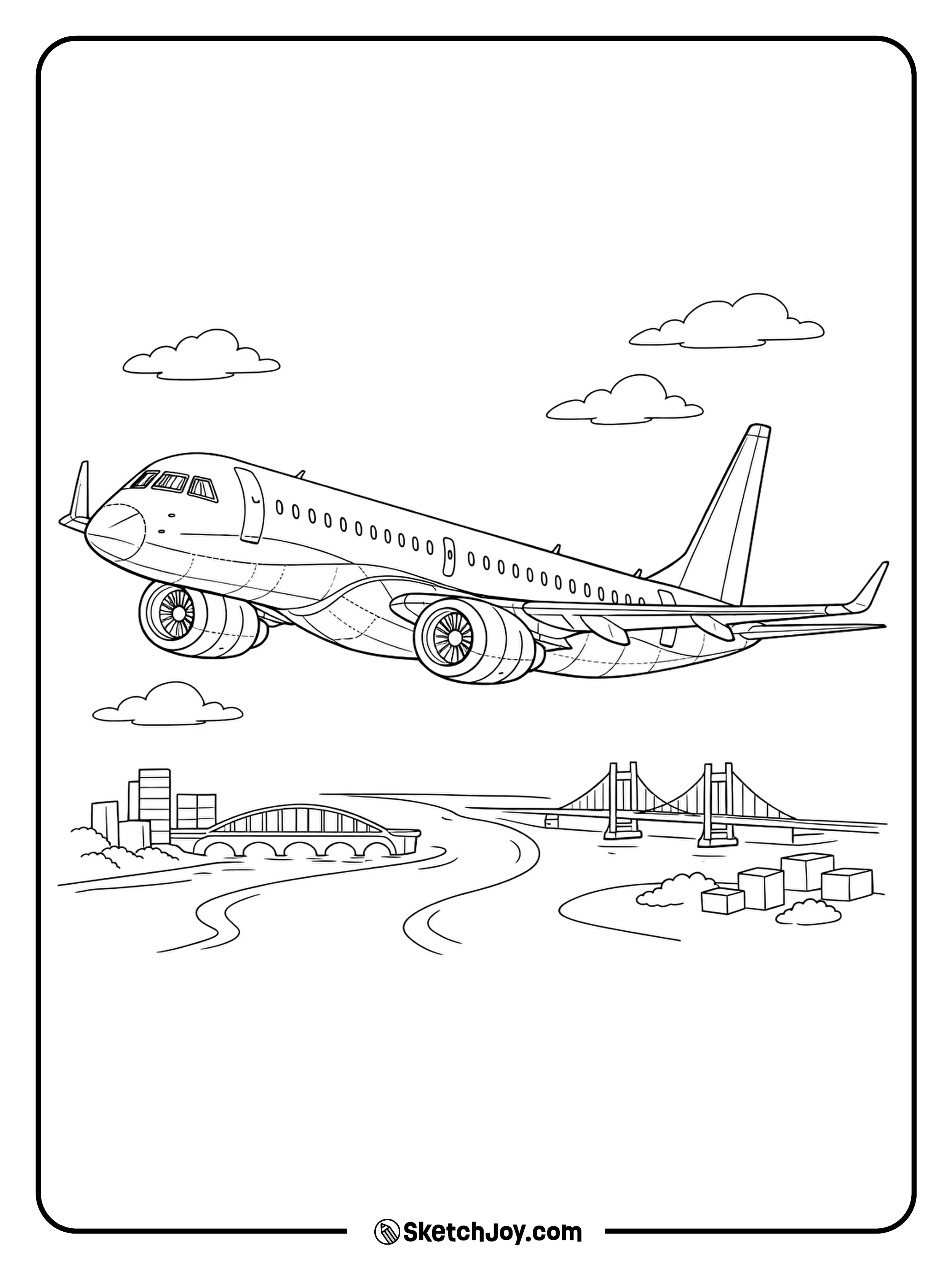 A regional jet flies over a river with bridges and simple buildings.