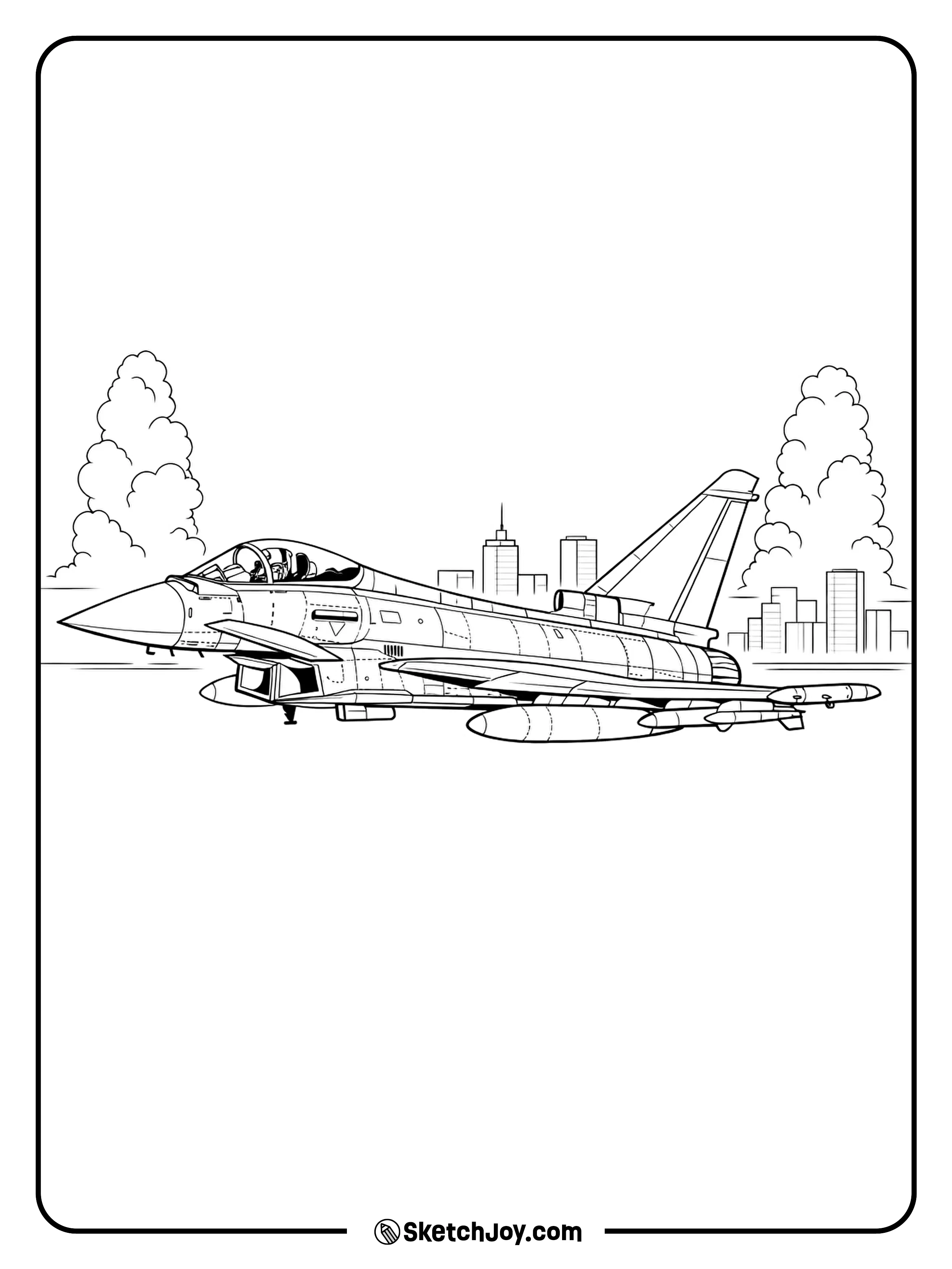 A Eurofighter flies past a simple skyline and tall clouds.