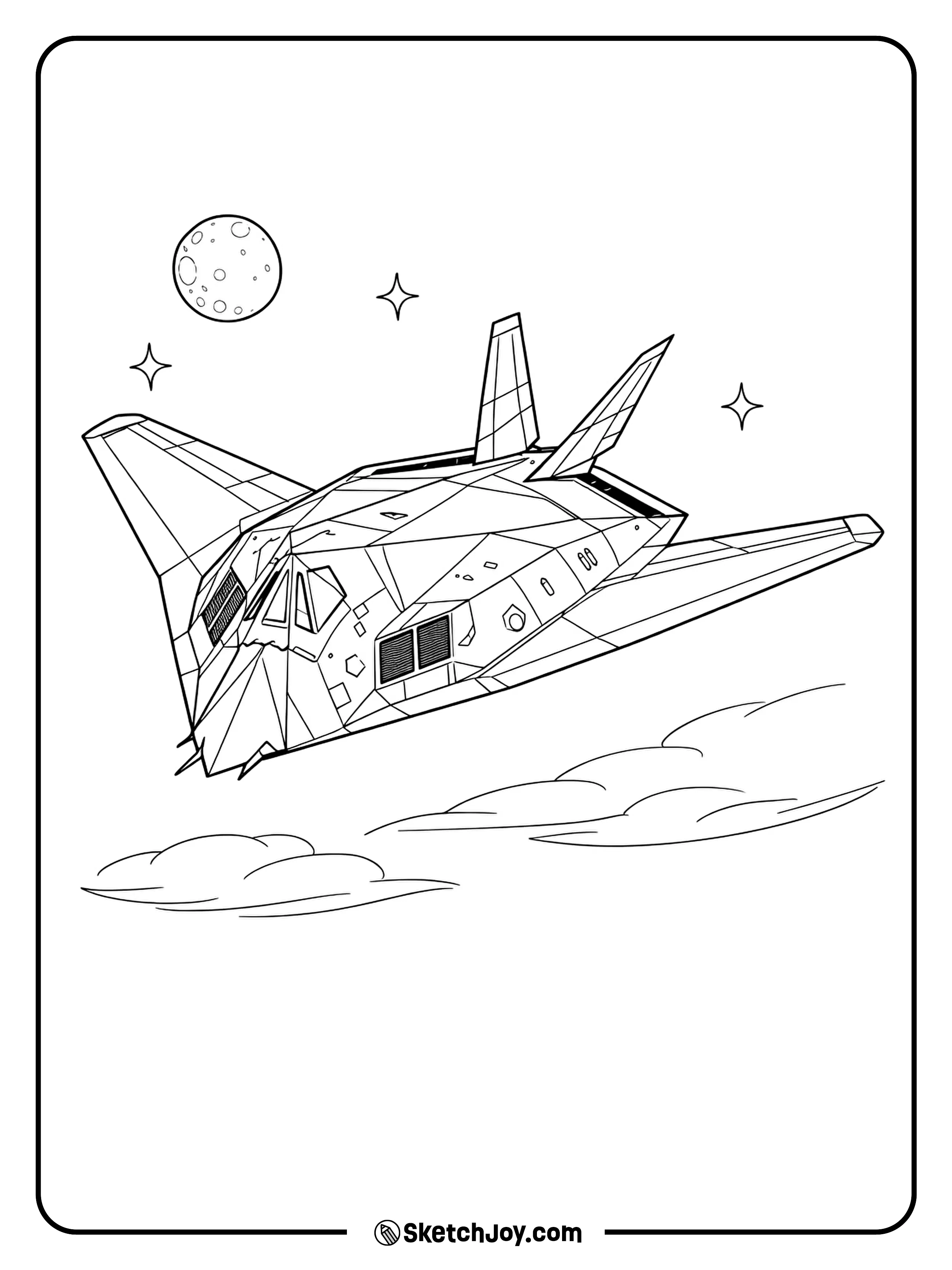 An F-117 flies in a night sky with stars and a small moon.