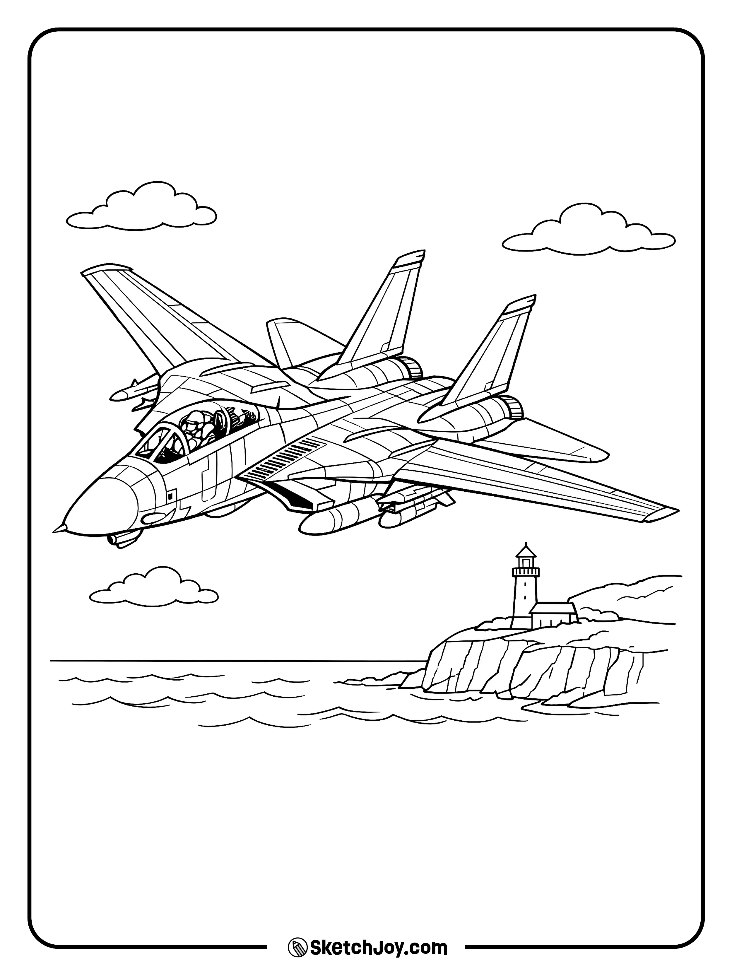 An F-14 turns over a simple shoreline with waves and a lighthouse.