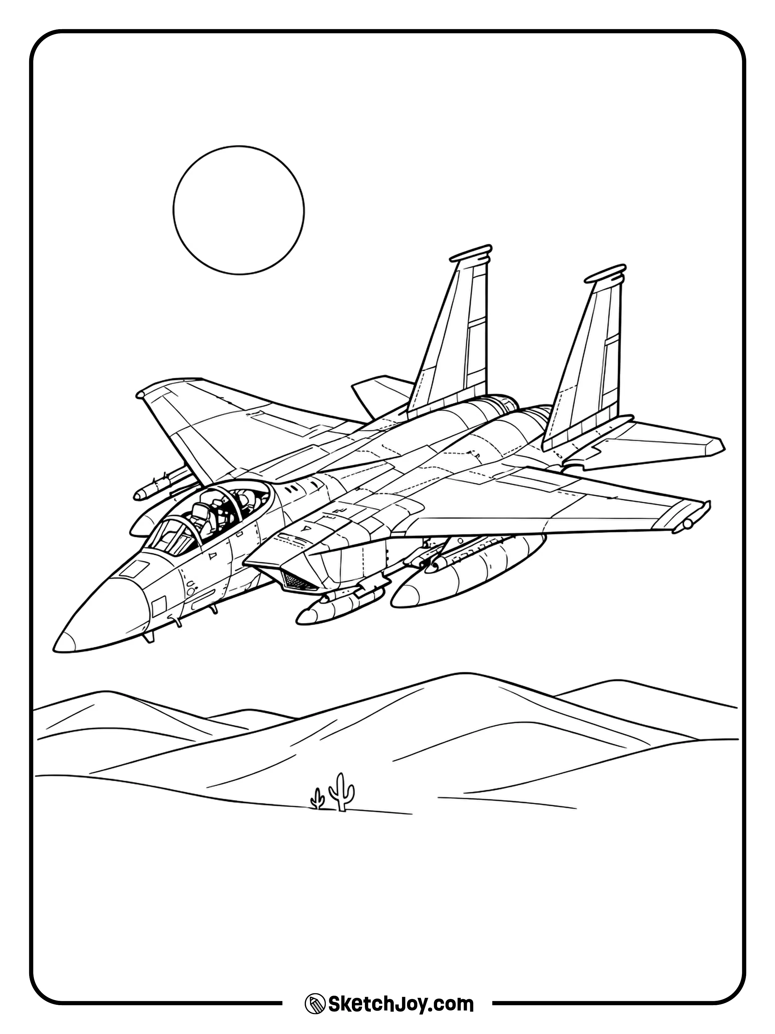 An F-15 flies above low desert hills and a few cactus shapes.