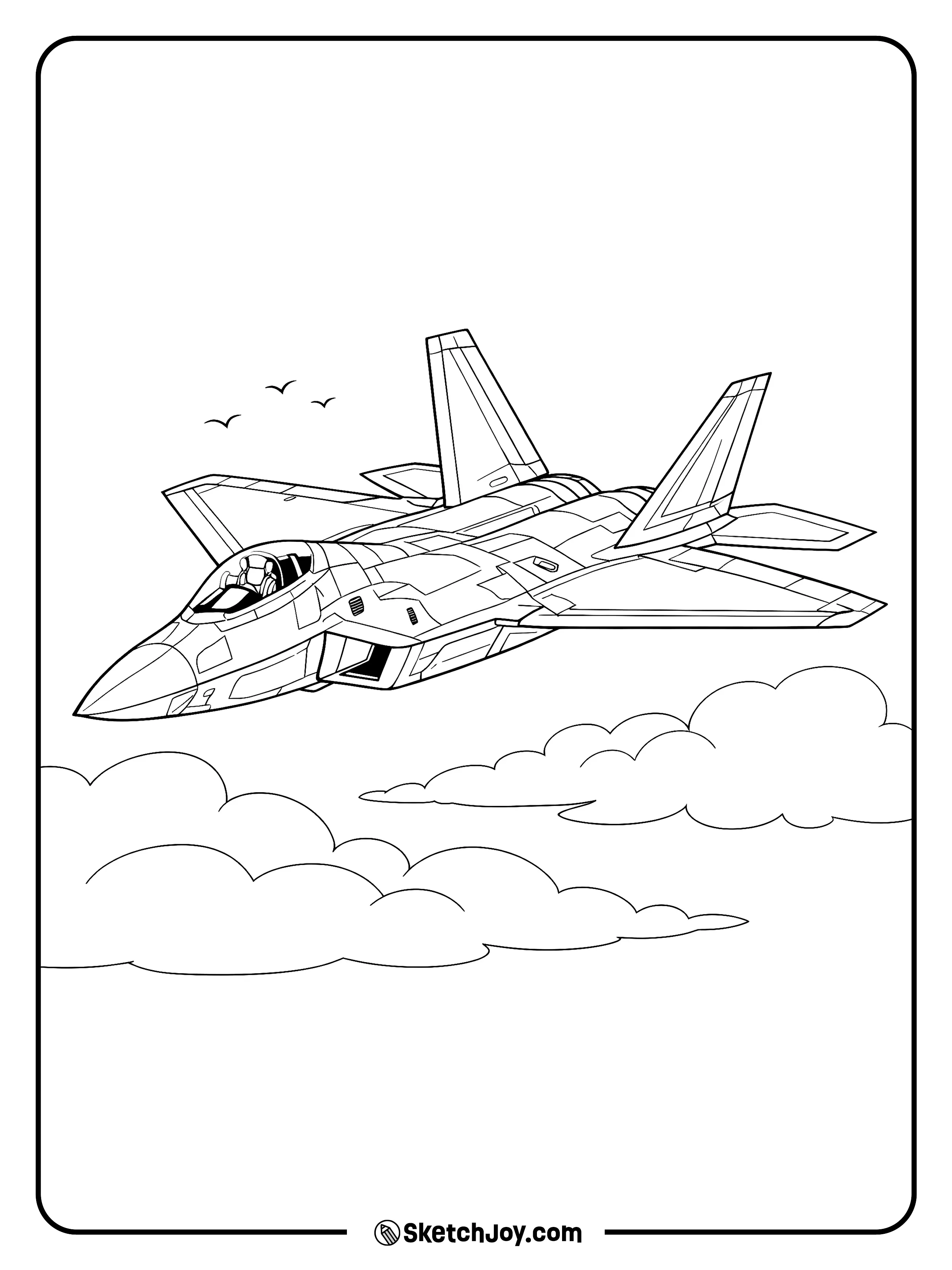 An F-22 glides over big, fluffy clouds and a clear sky.