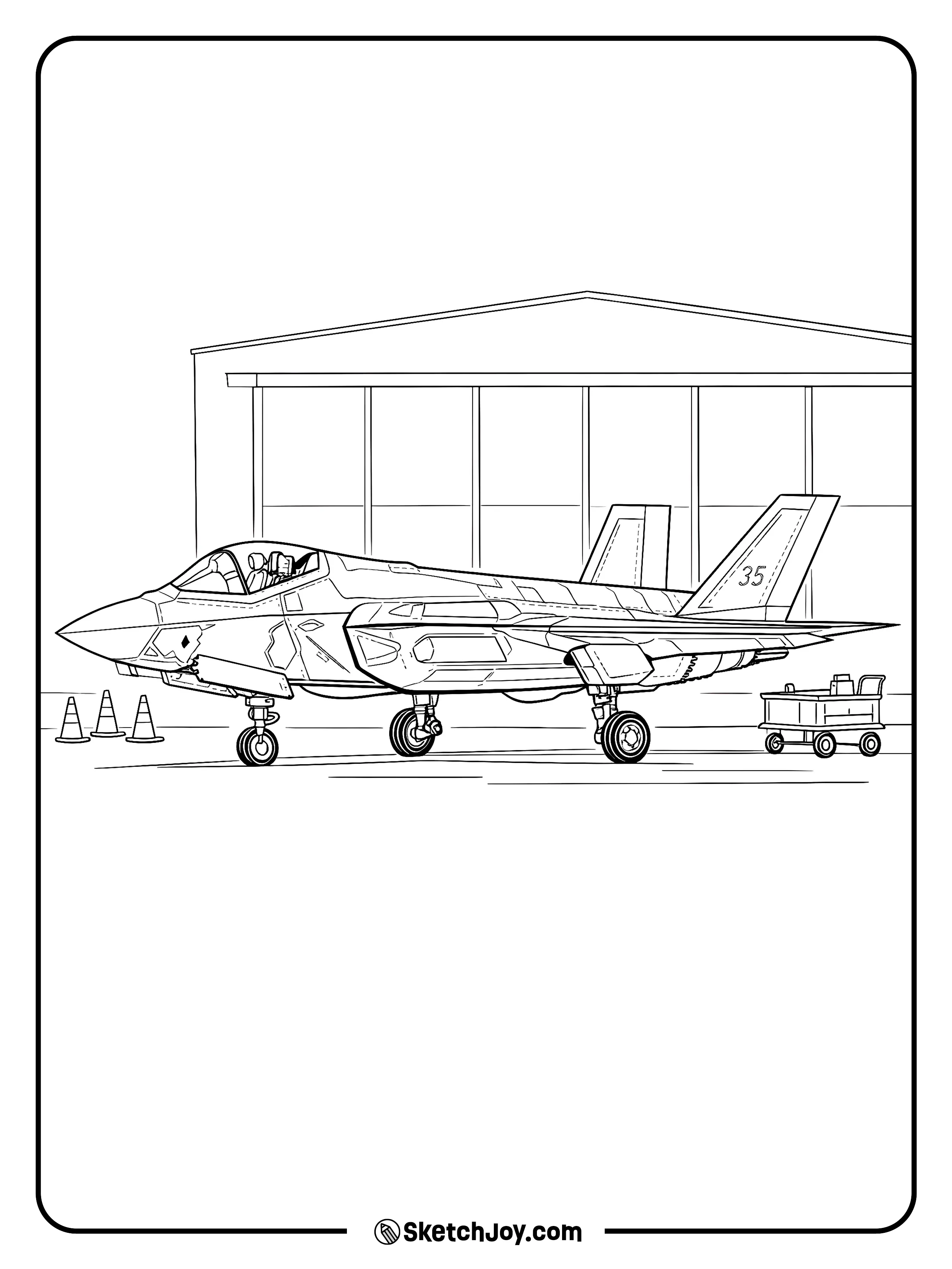 An F-35 sits on the tarmac with a hangar and cones behind it.