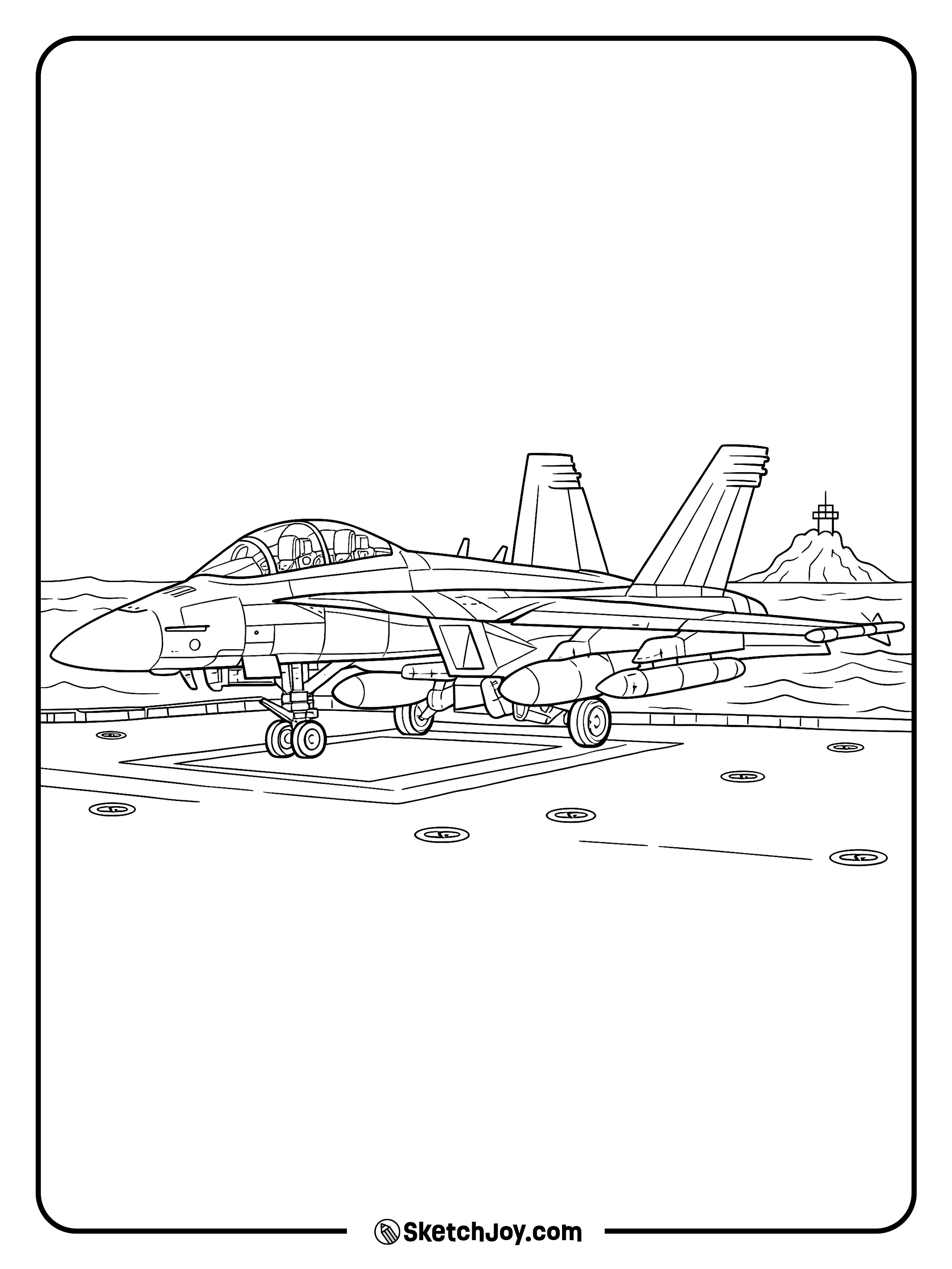 A Navy jet rests on a carrier deck with simple ocean waves behind it.