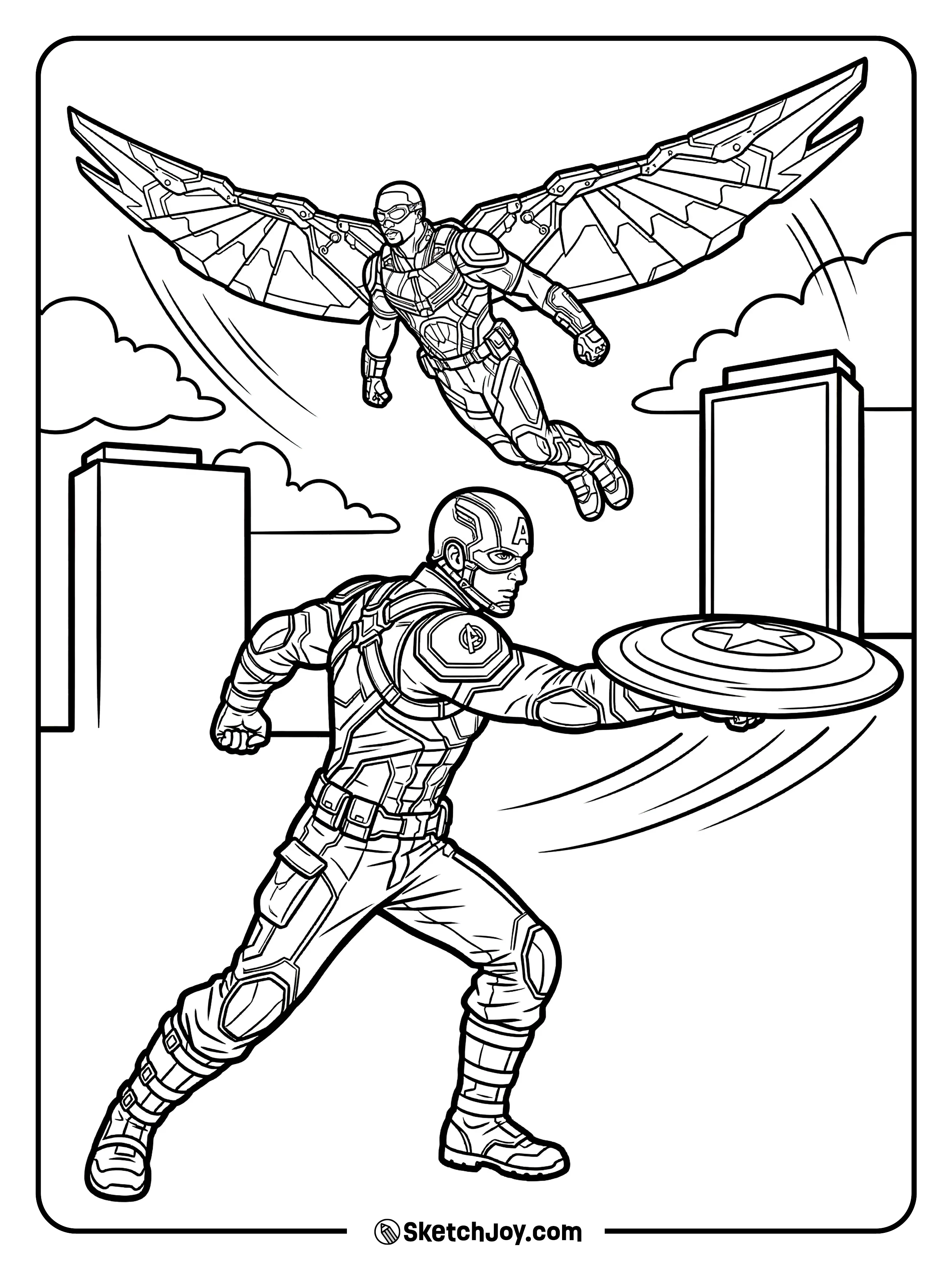 Falcon swoops by as Captain America throws the shield.