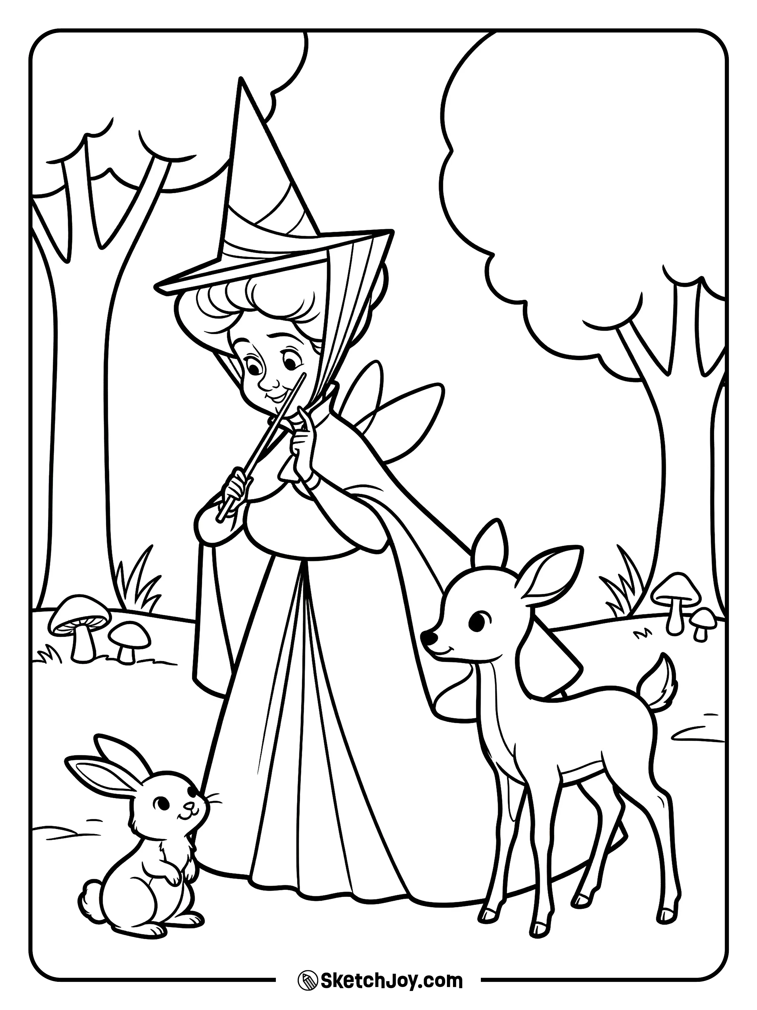 Fauna chats with a deer and a bunny in the woods.