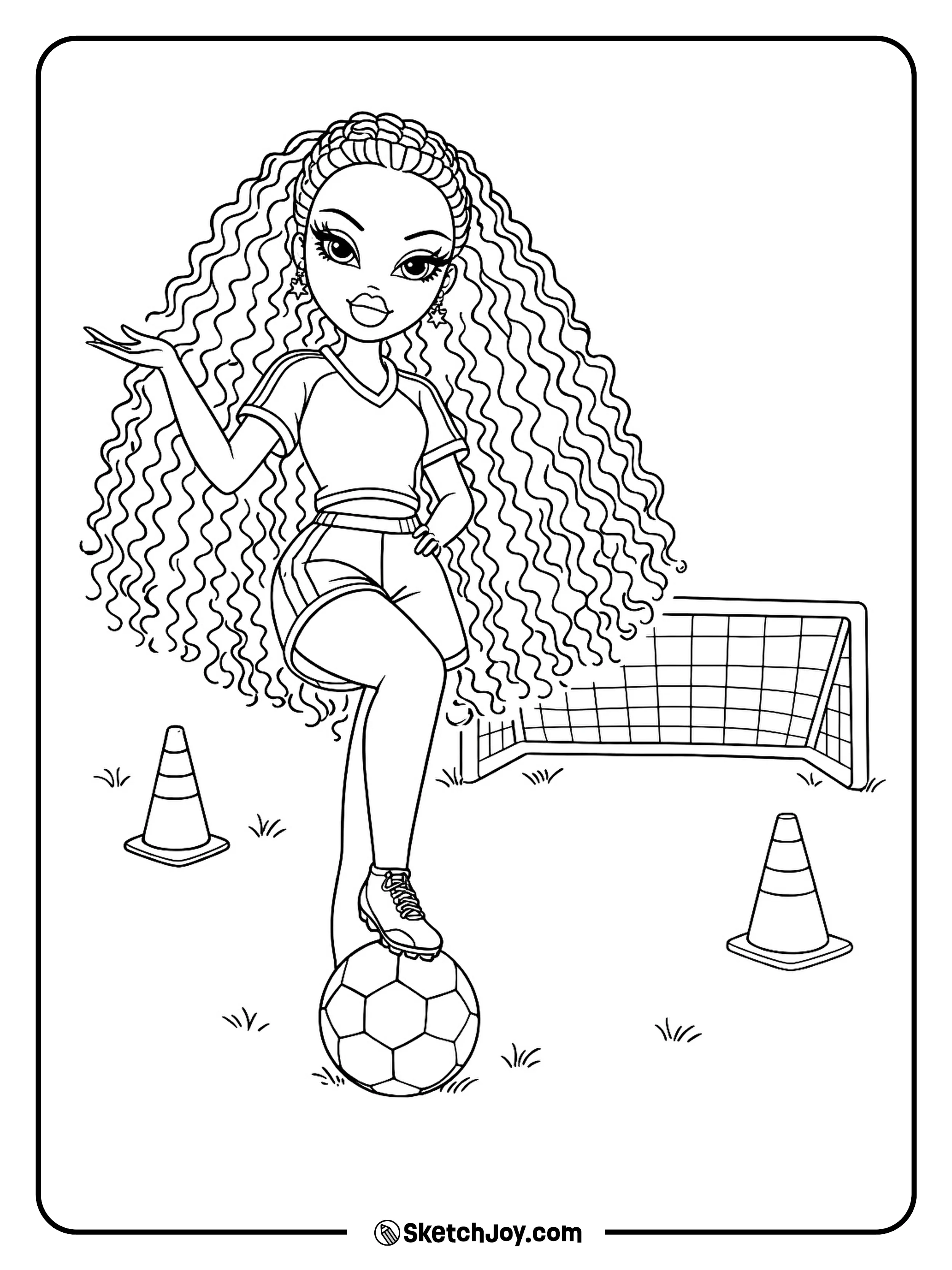 Felicia taps a soccer ball near a small goal and two cones.