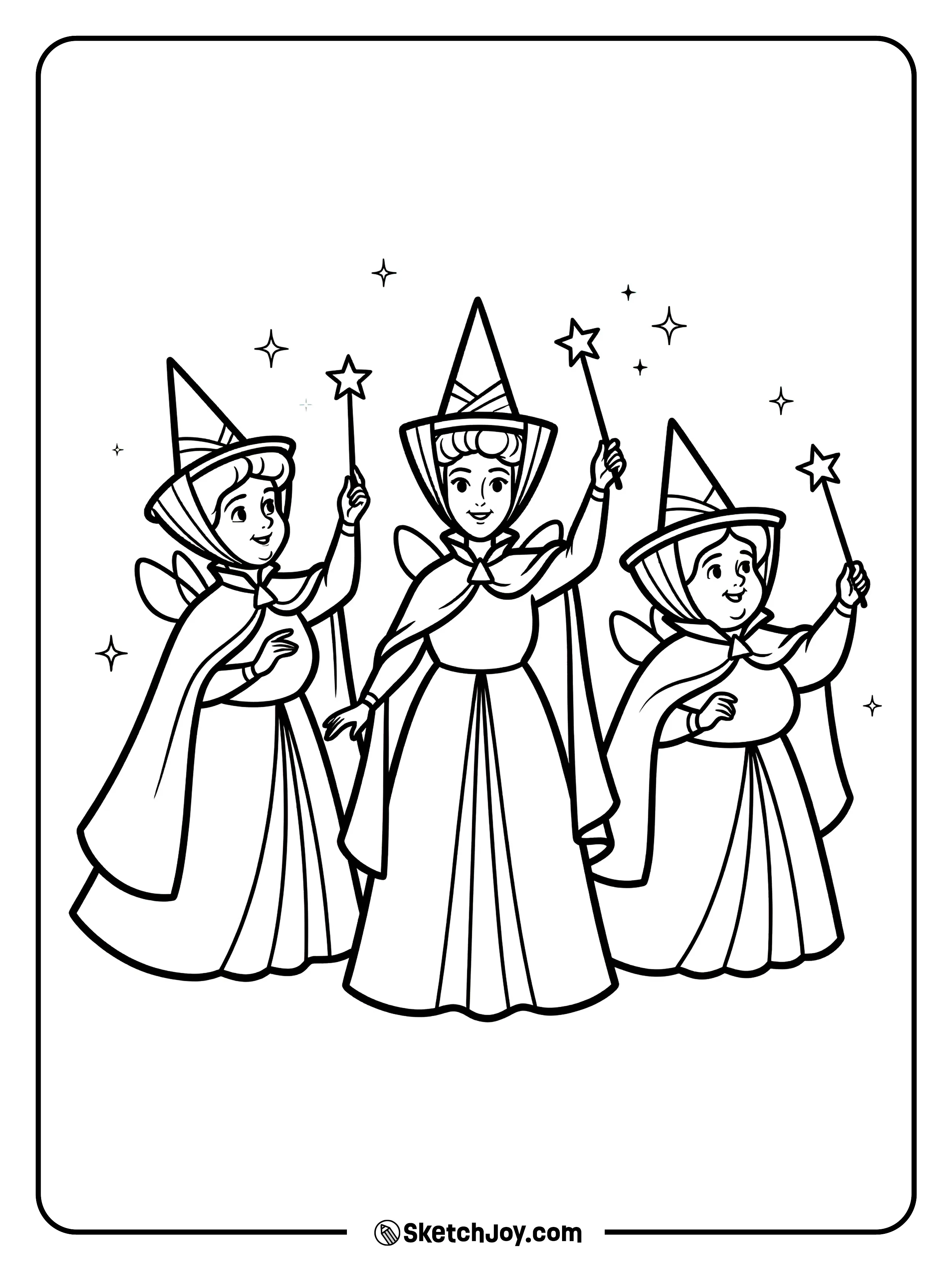 The three fairies pose together with their wands raised.