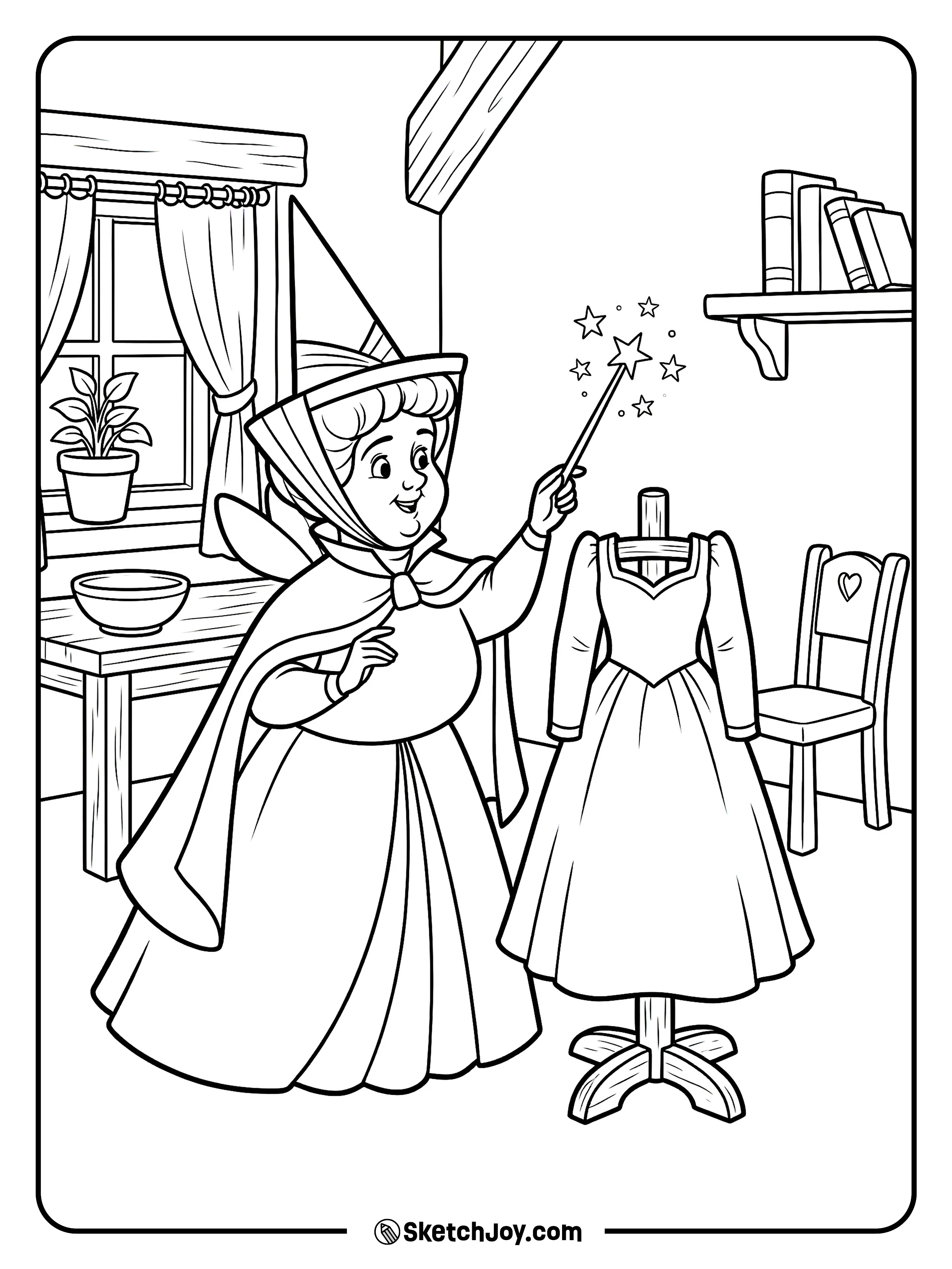 Flora points her wand at a dress with a happy grin.