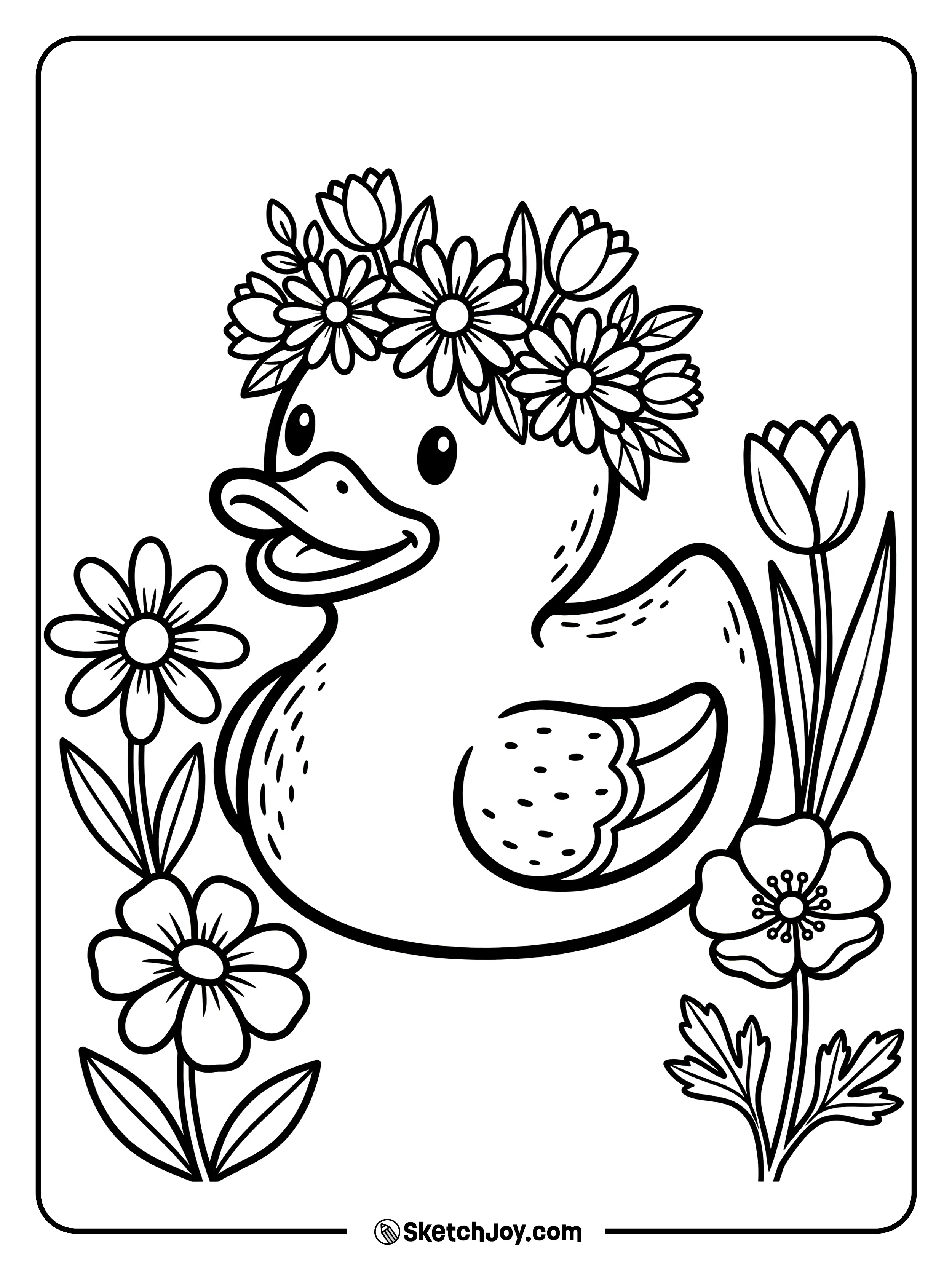 A rubber duck with a flower crown and petals.