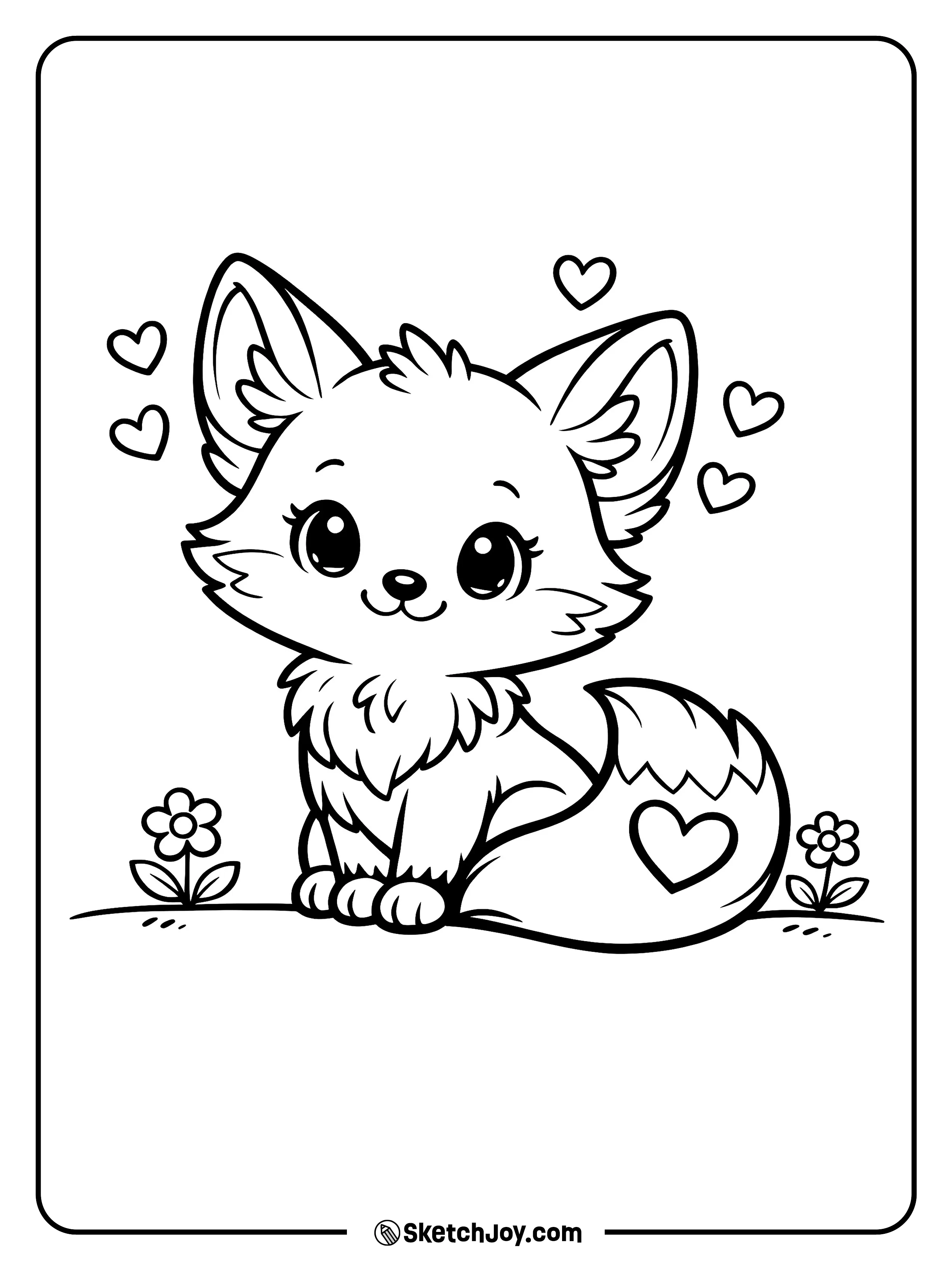 A fox sits with a heart mark on its tail.