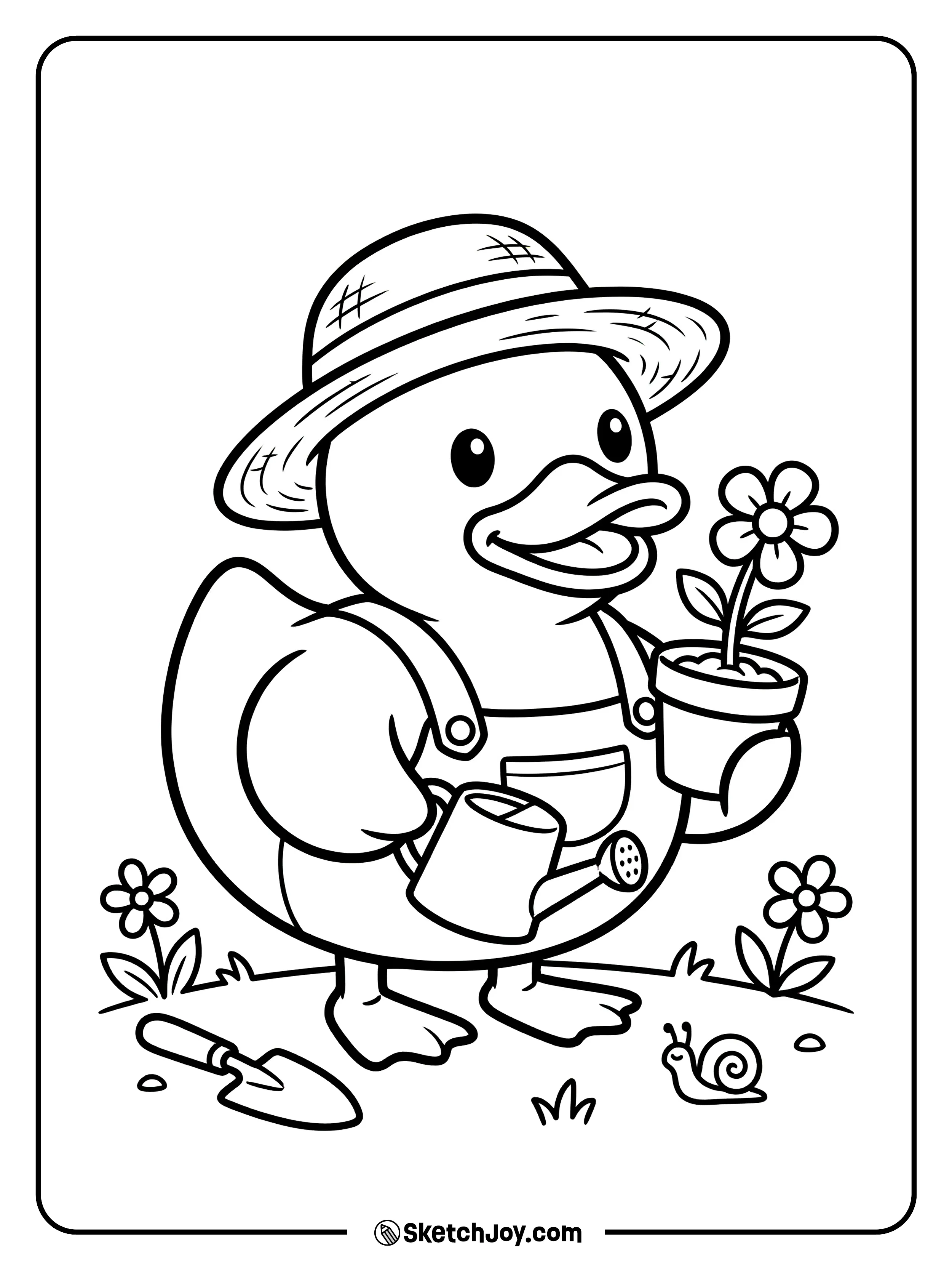 A rubber duck with watering can and flowers.