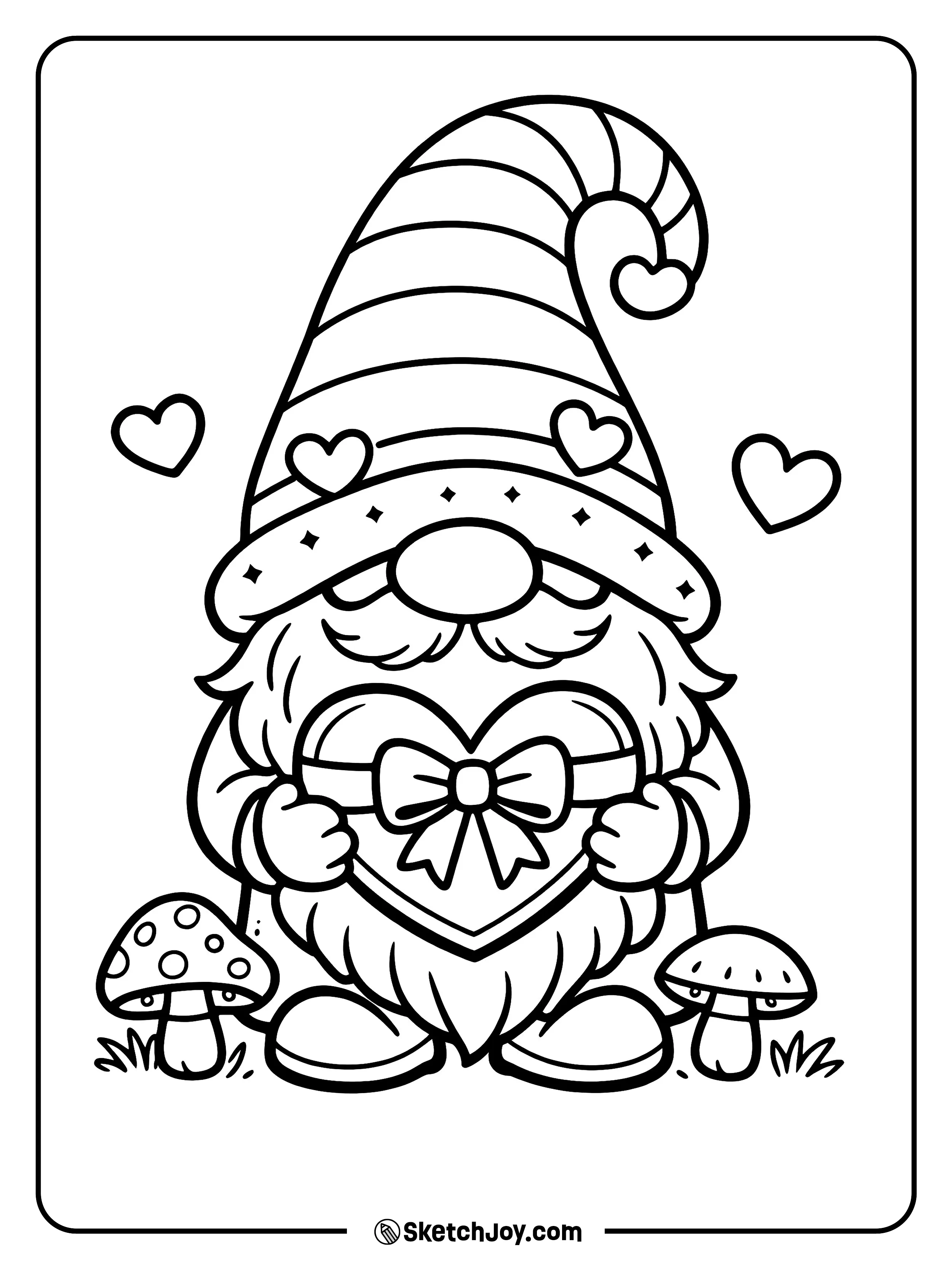 A friendly gnome holds a heart-shaped present.