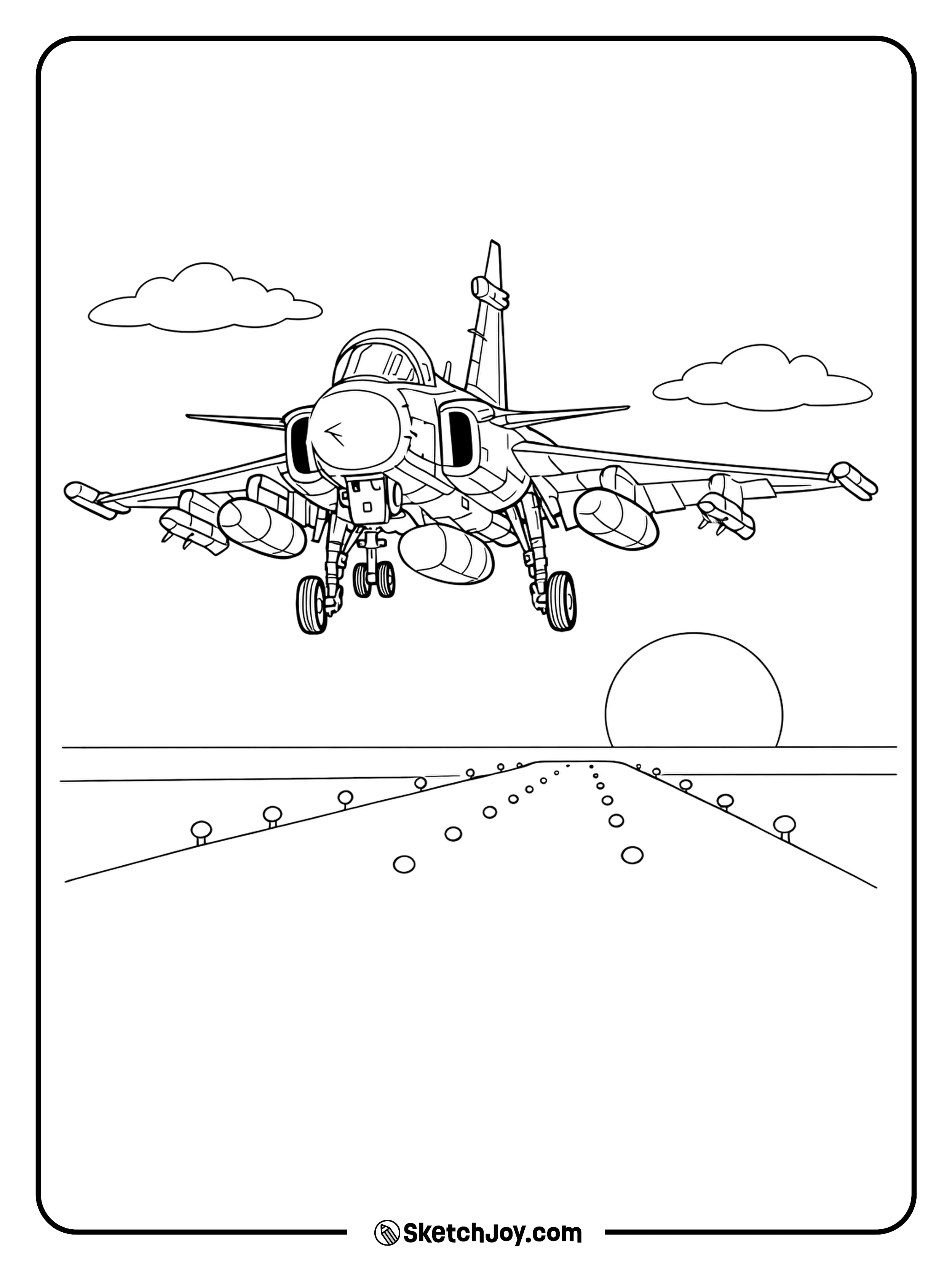 A Gripen comes in to land with a low sun and runway lights.