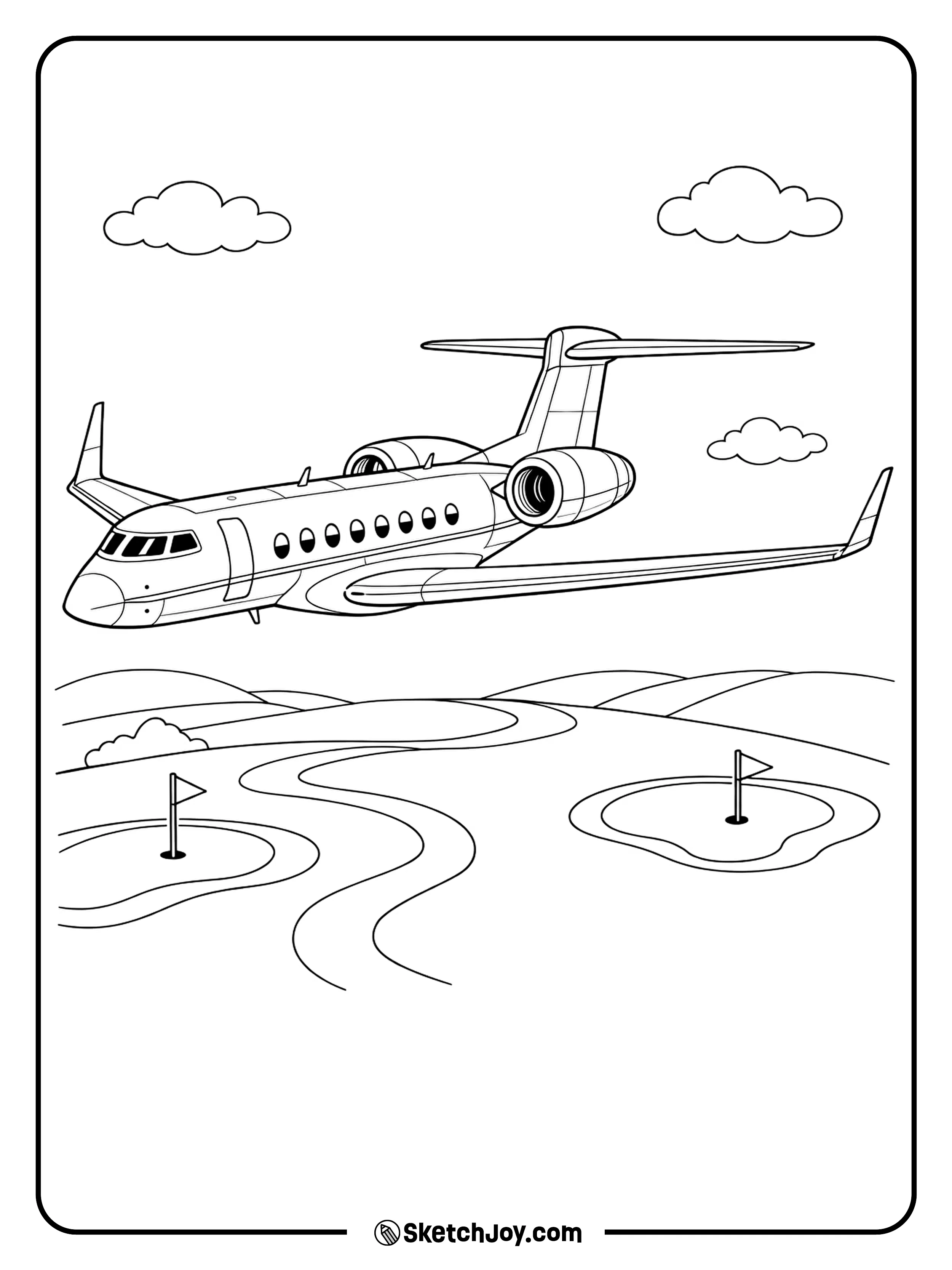 A business jet flies over simple greens and small flag pins below.