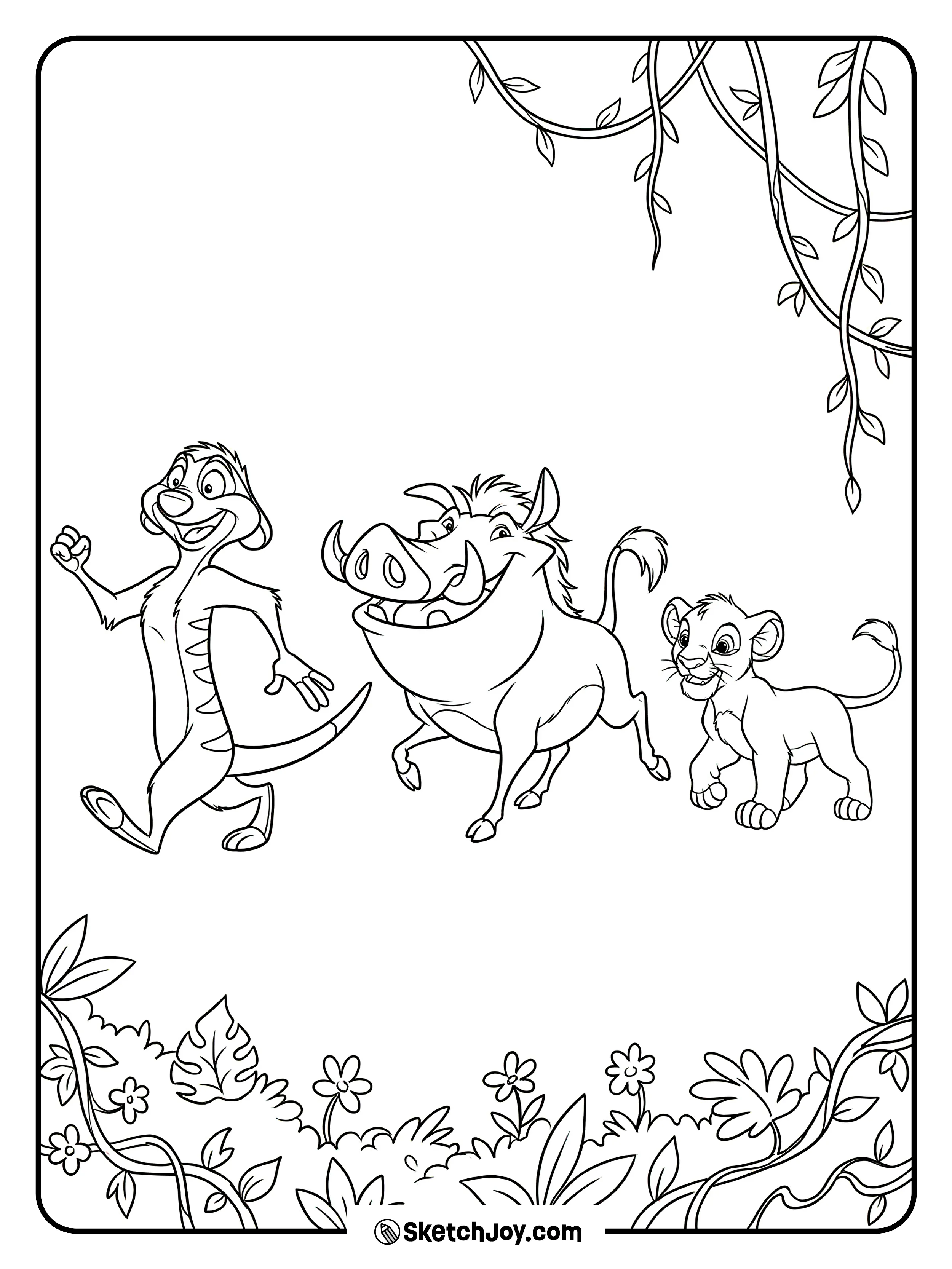 Timon and Pumbaa march happily with Simba behind them.