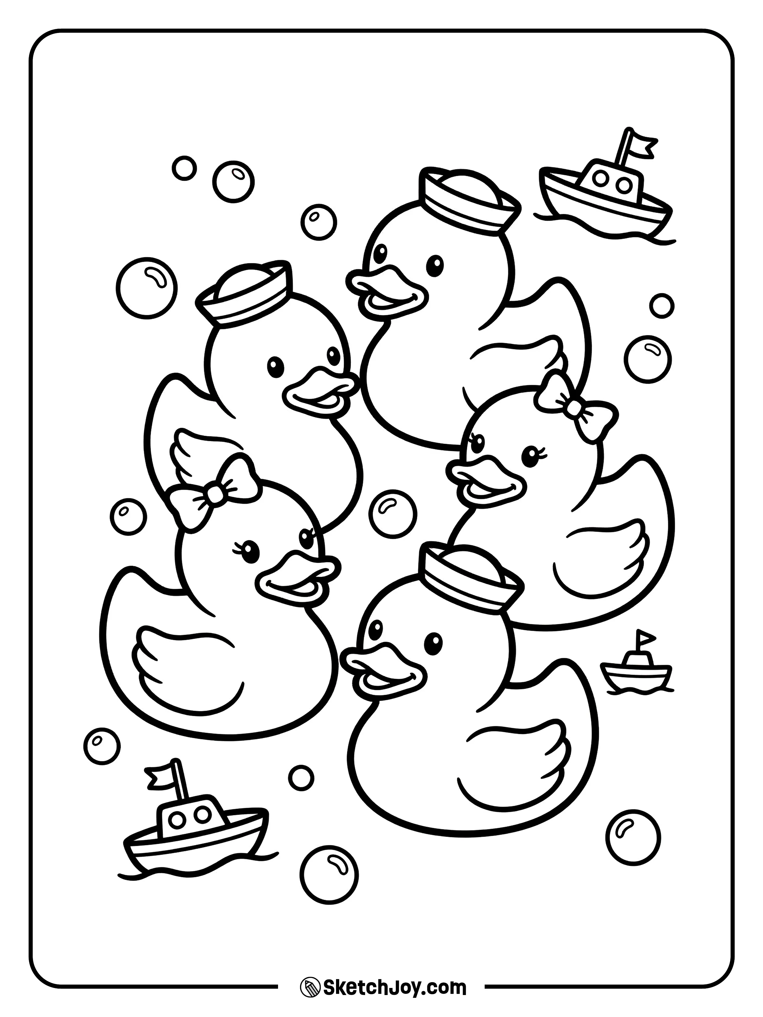 A bunch of rubber ducks having fun together.