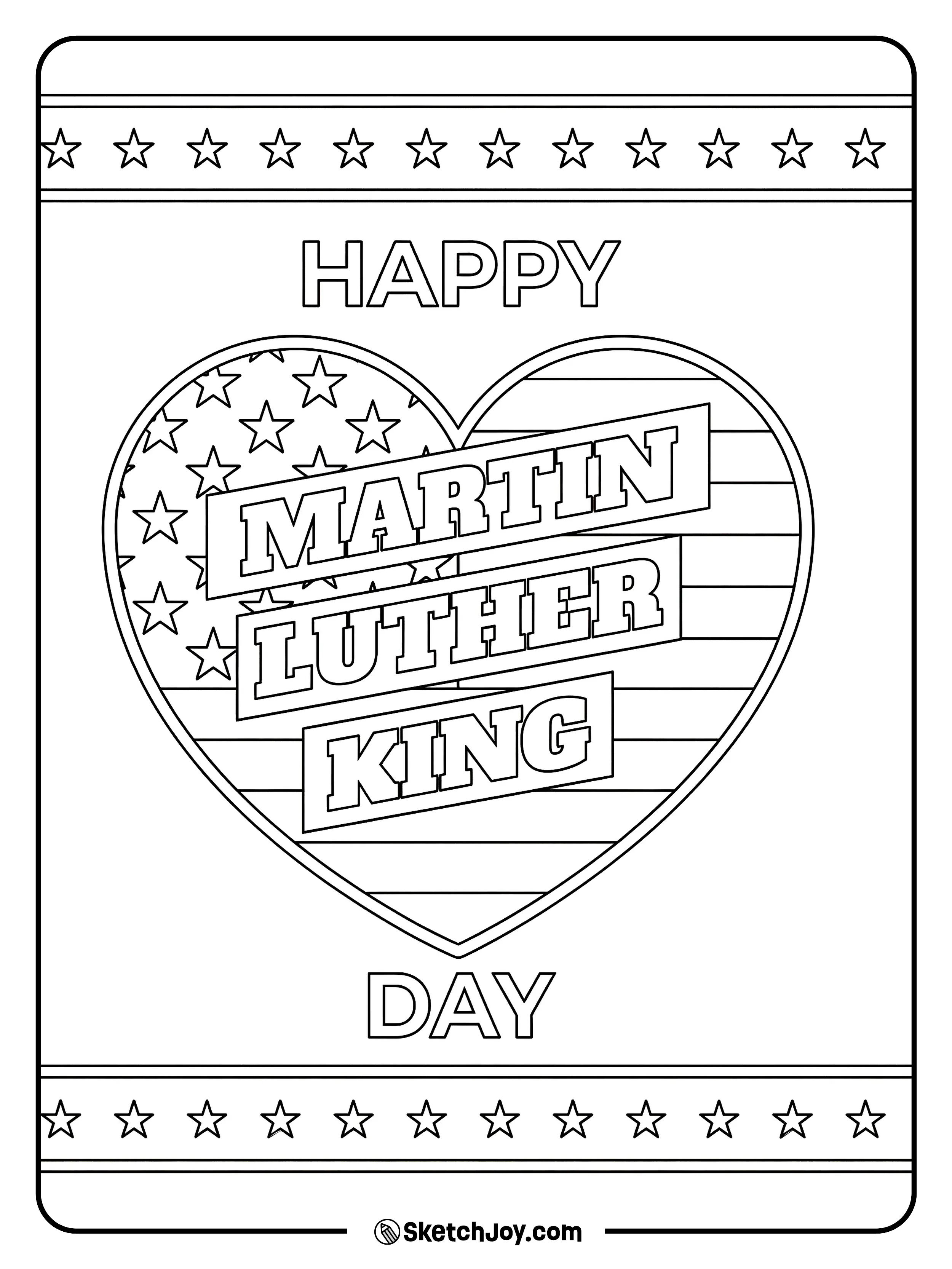 A big heart with a simple U.S. flag pattern says “Happy Martin Luther King Day” with star borders.