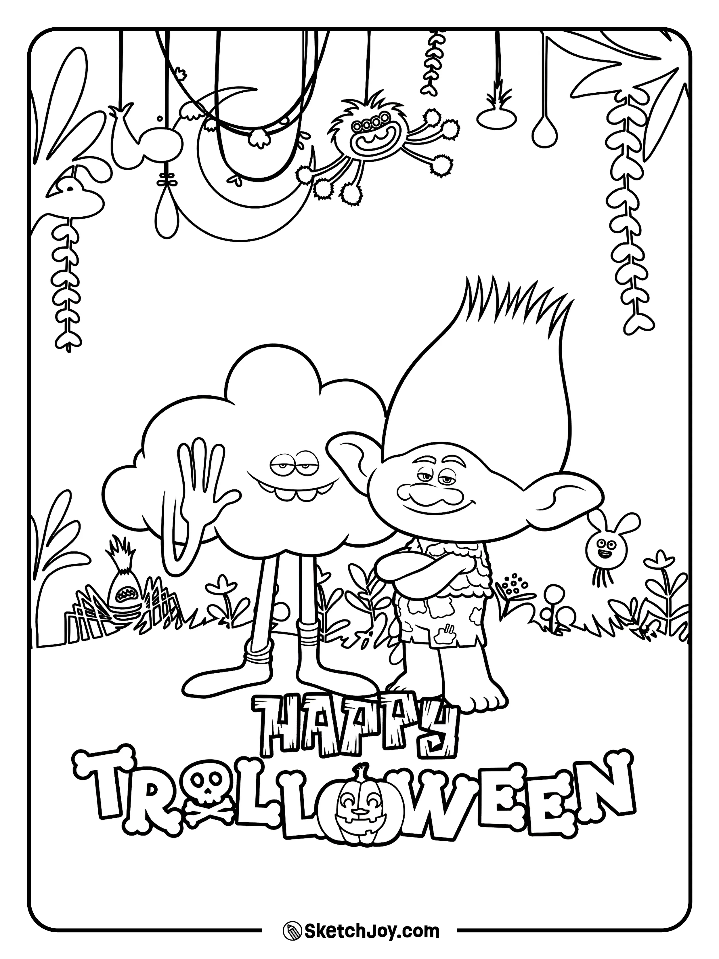 Branch stands with Cloud Guy in a fun “Happy Trolloween” scene with spooky details.