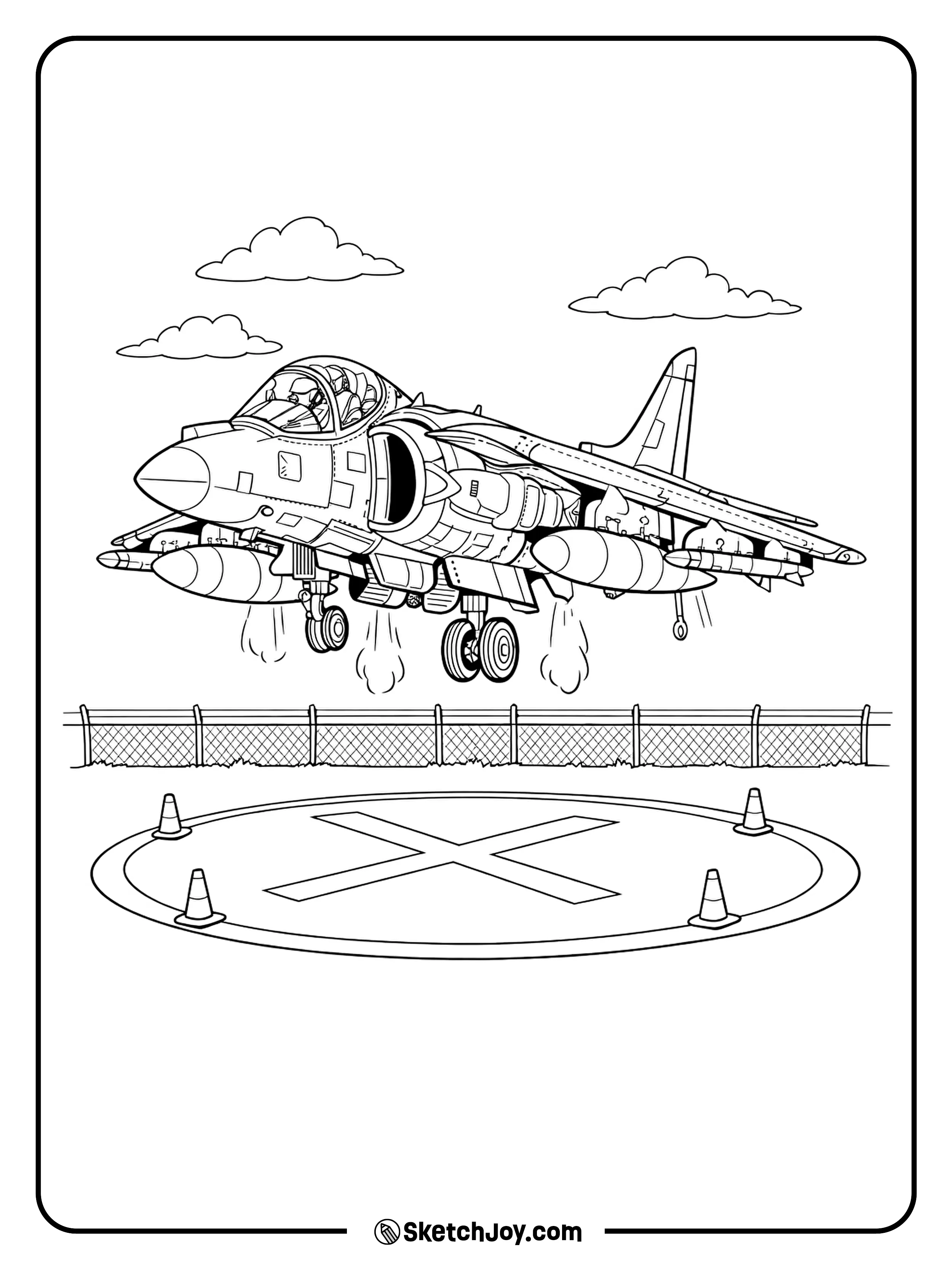 A Harrier hovers above a landing pad with simple markings.