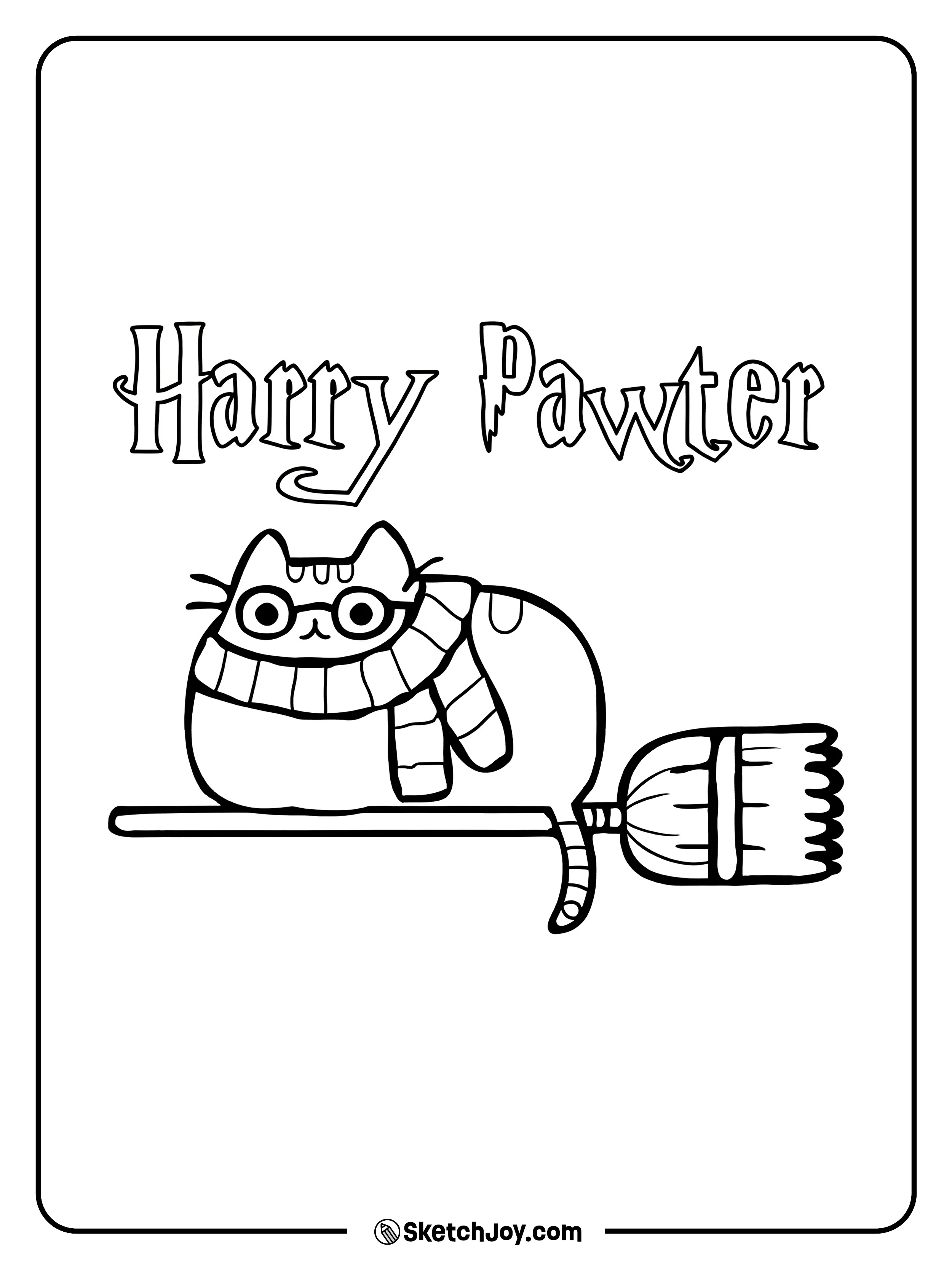 Pusheen wears round glasses and a scarf while riding a broom.
