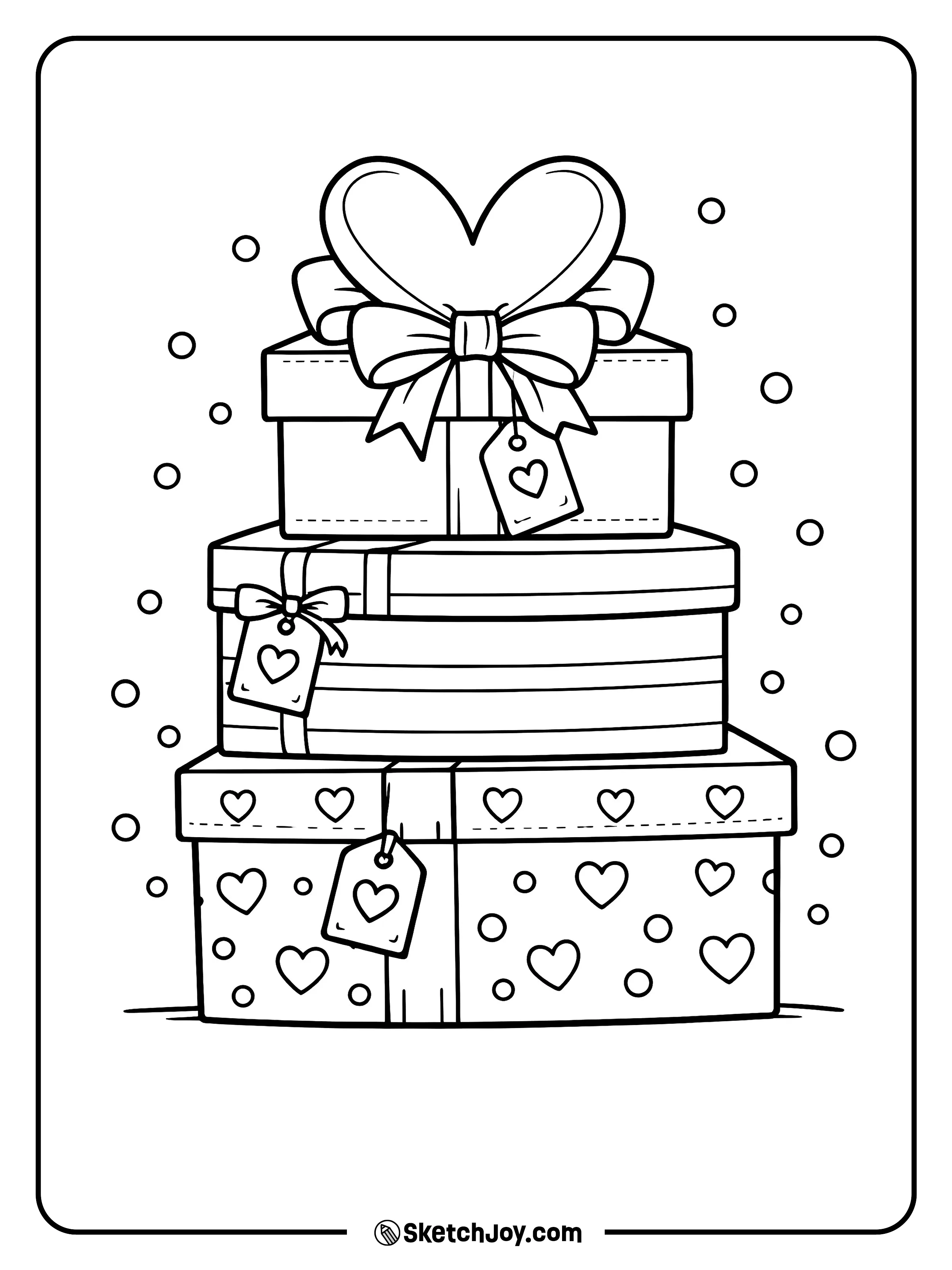 A stack of gifts is topped with a big heart bow.