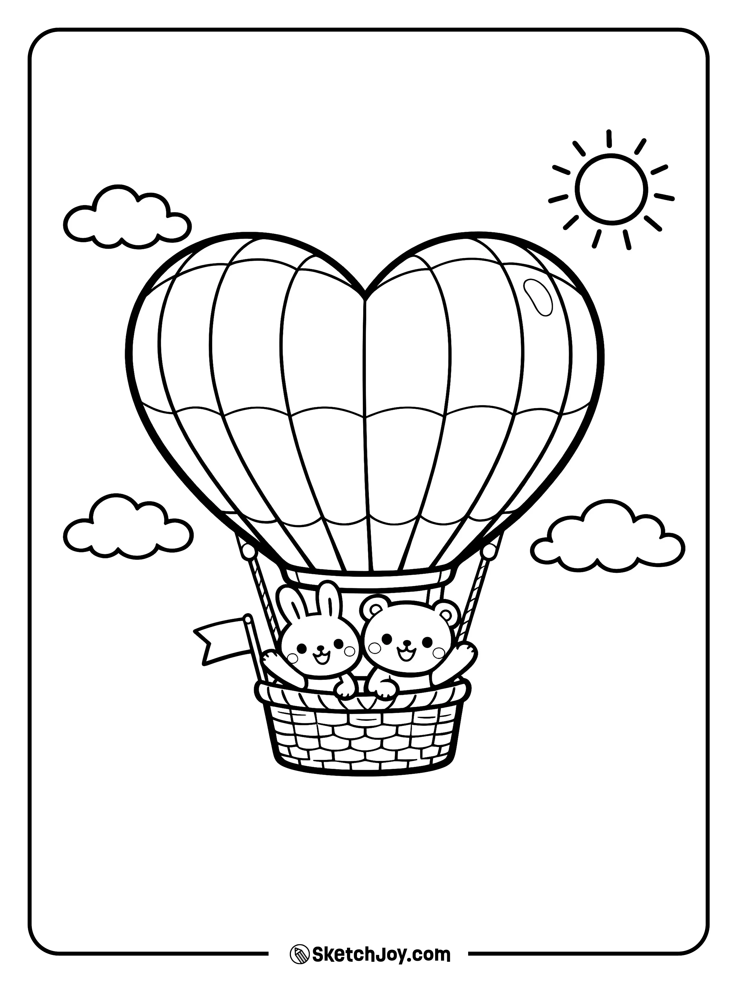 A heart balloon carries two friends in a basket.
