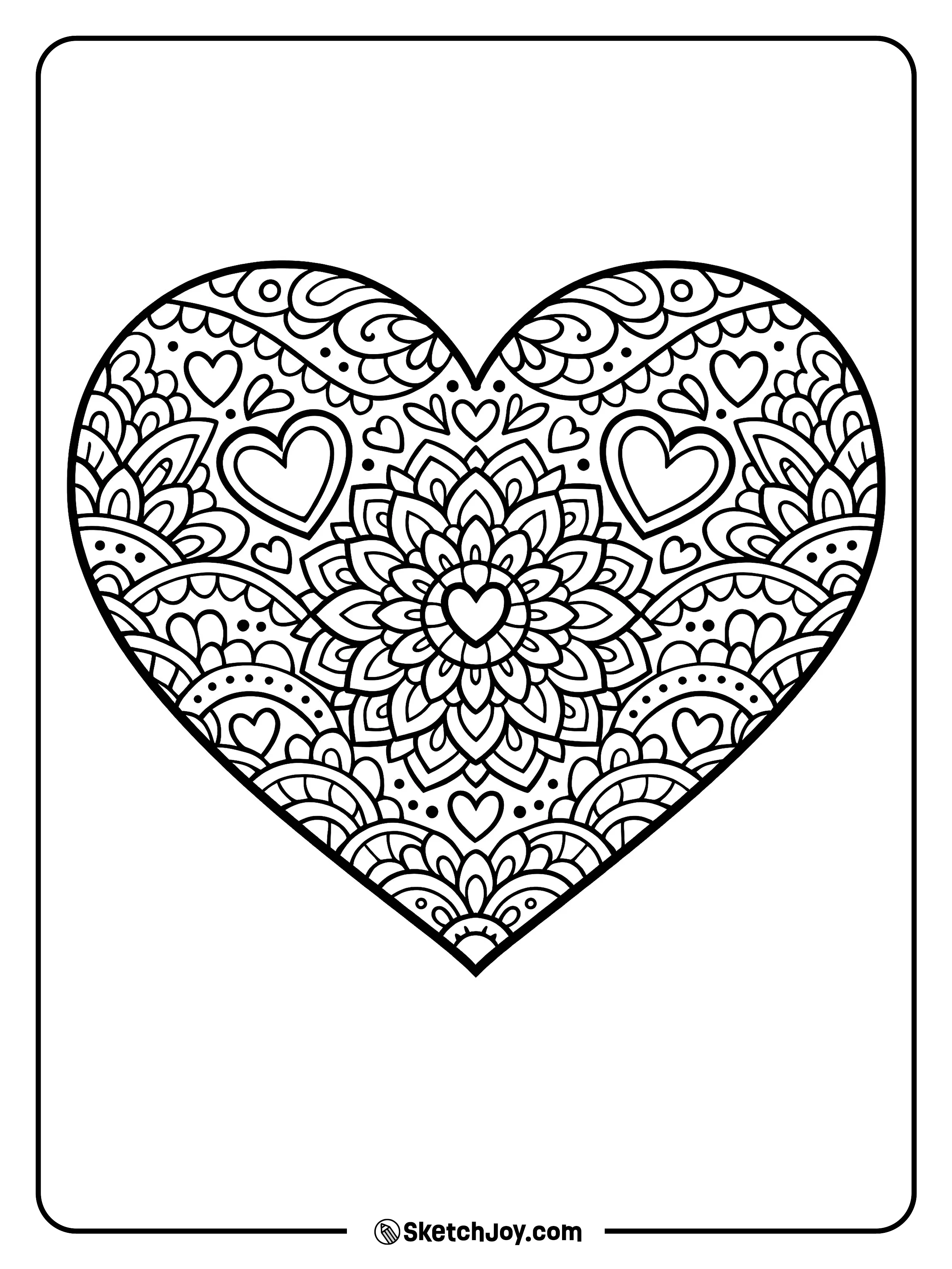 A big heart is filled with neat shapes and lines.