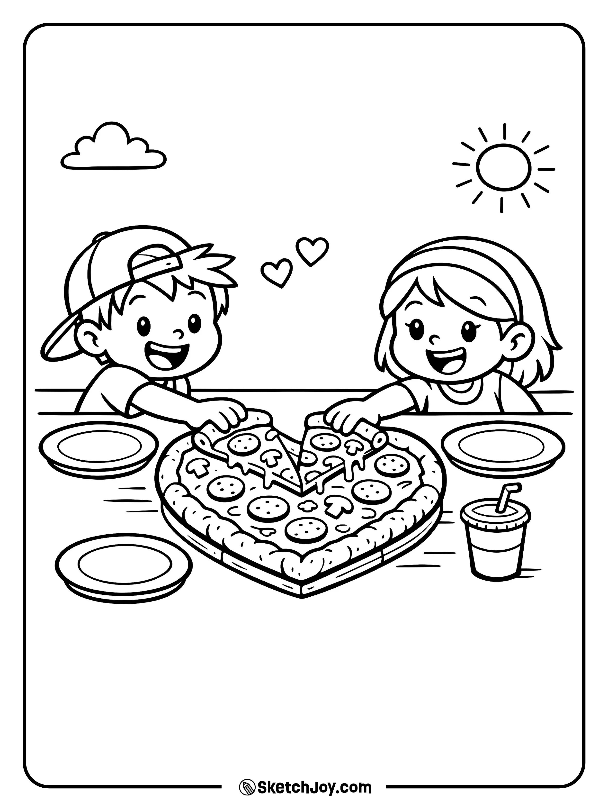 Friends share a heart-shaped pizza with smiles.