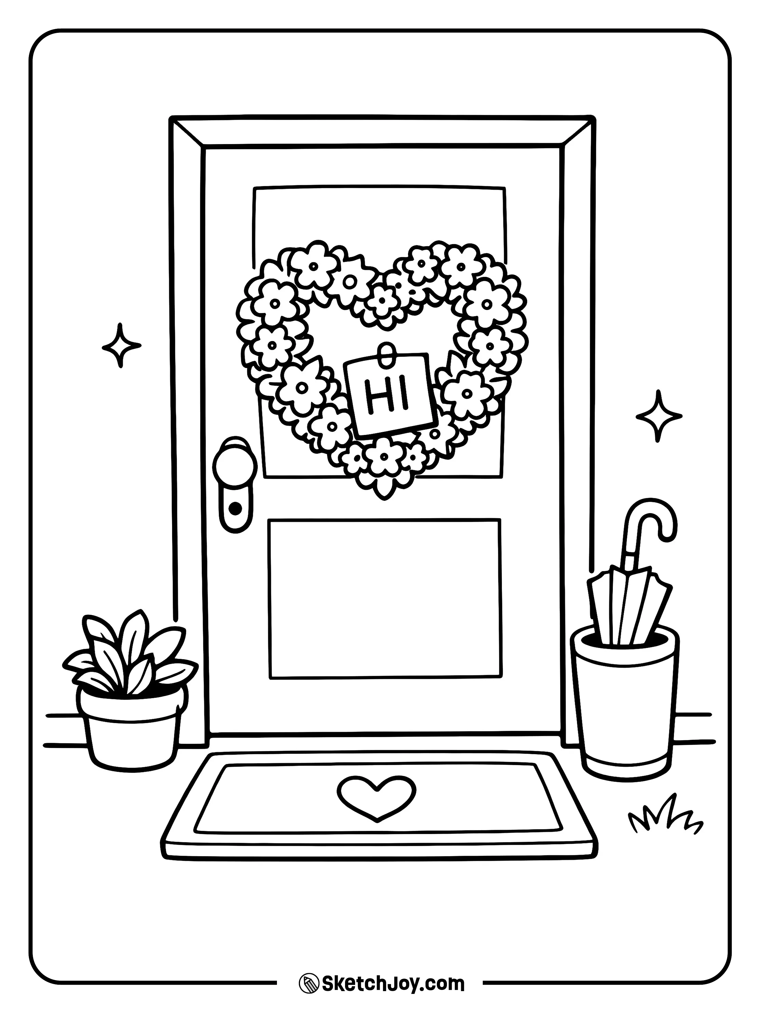A front door shows a heart wreath and a small note.