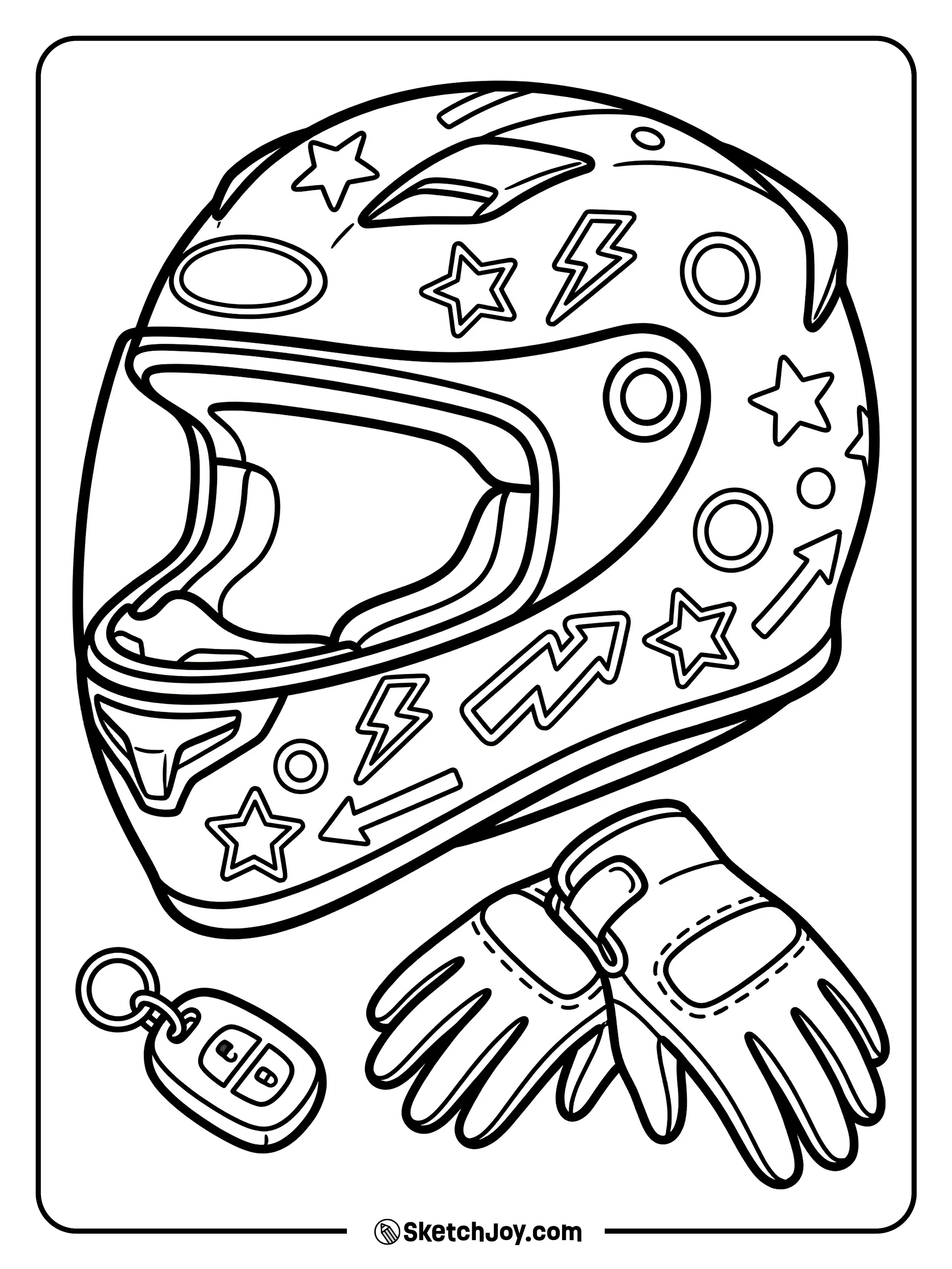 A full-face helmet has fun sticker shapes to color in.
