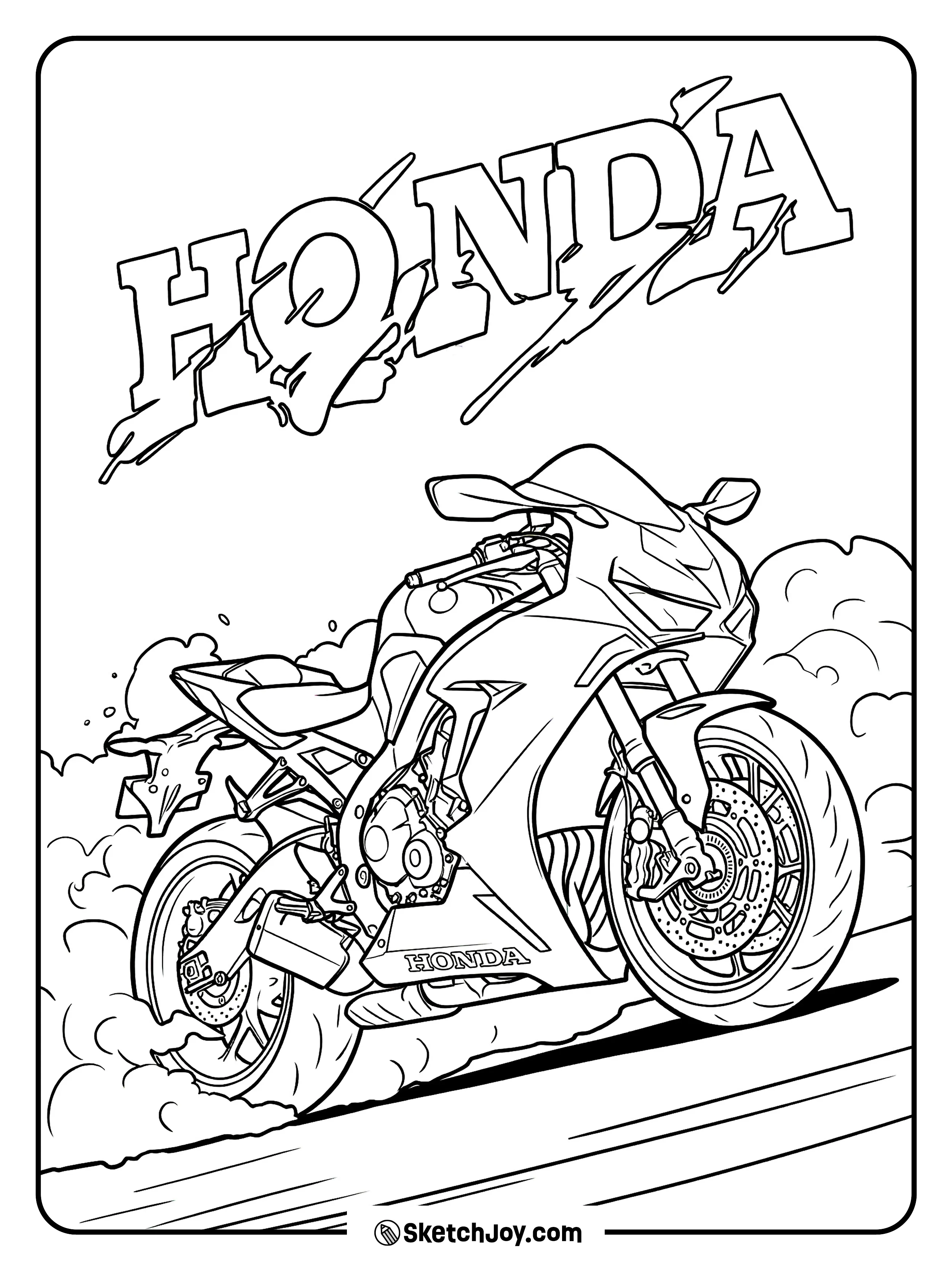 A Honda sportbike slides fast with smoke and bold letters above.