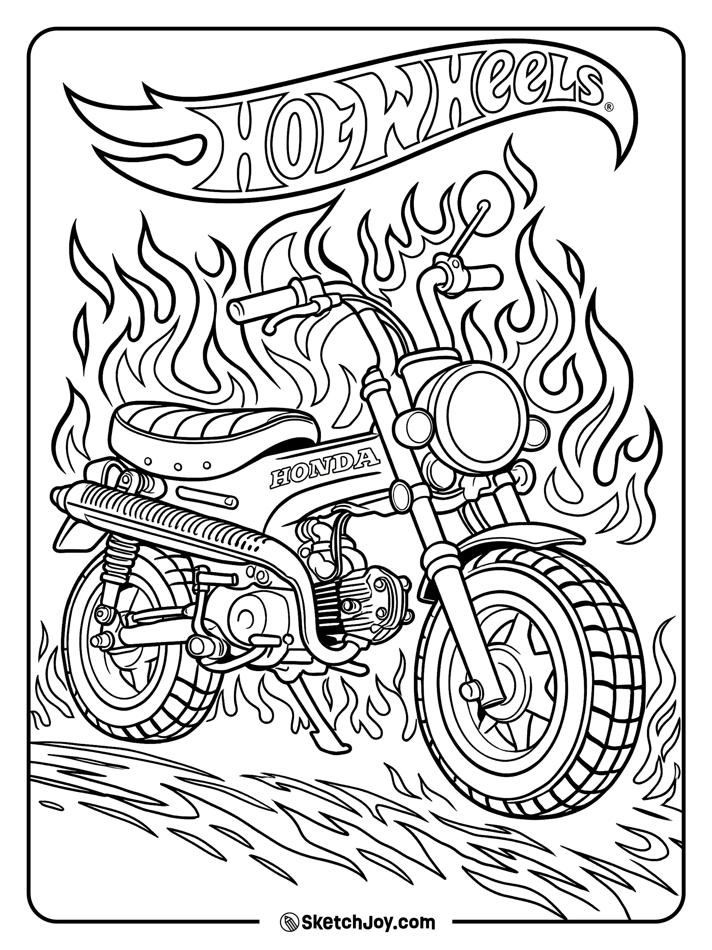 A small Honda bike sits in front of big flames under a Hot Wheels logo.