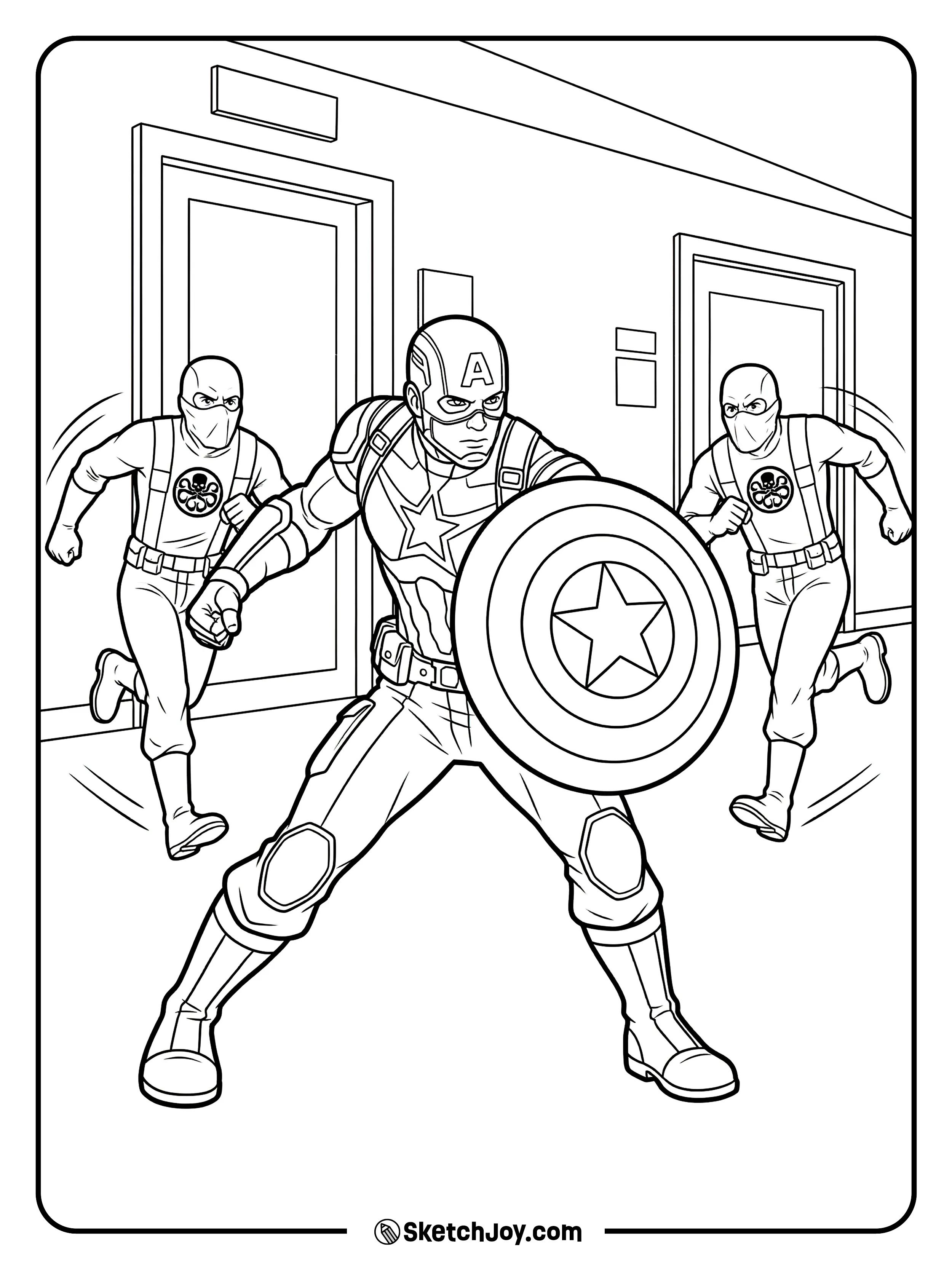 Captain America blocks as two foes rush in.