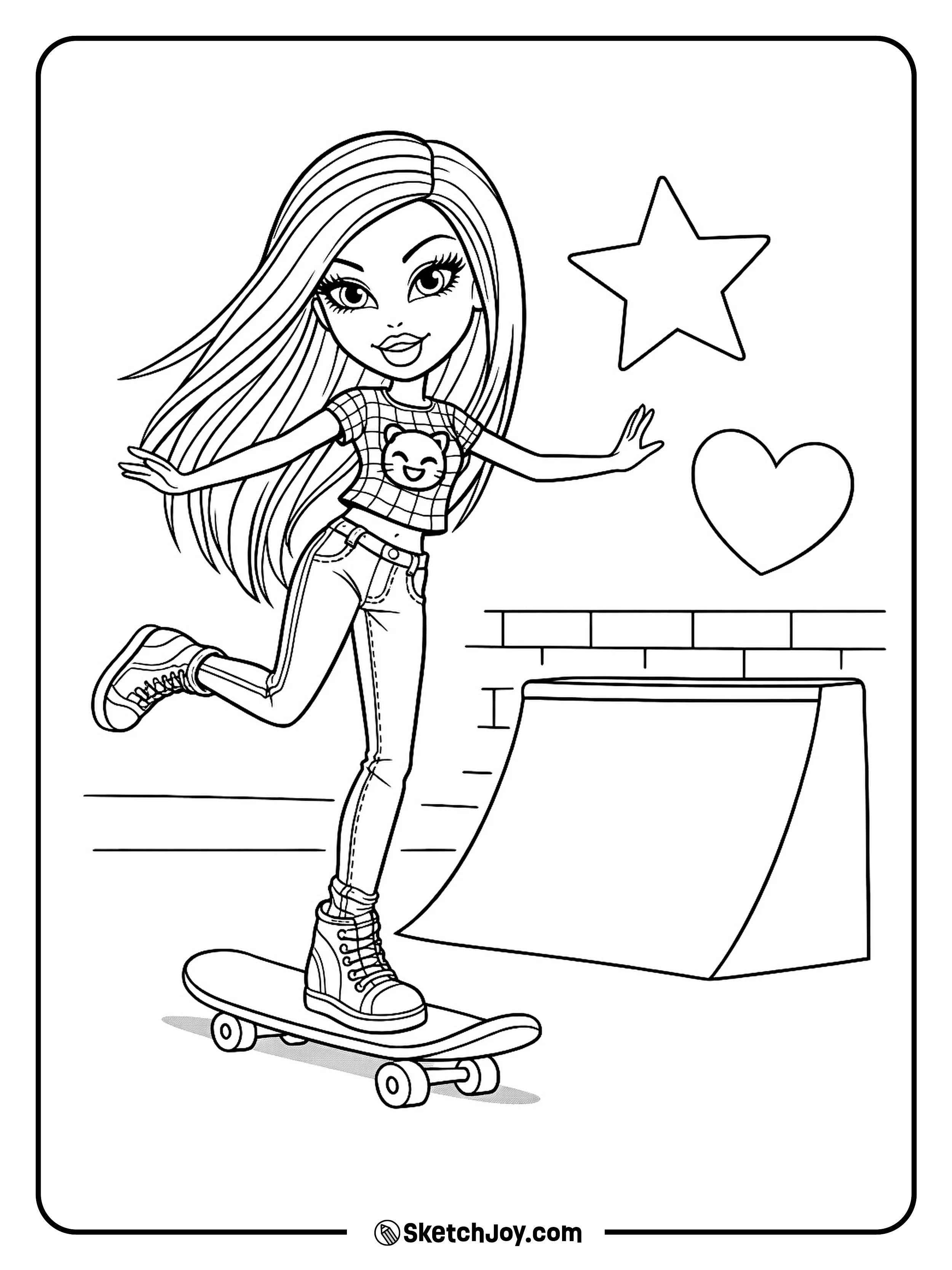 Jade rides a skateboard with a simple ramp and two stickers on a wall.