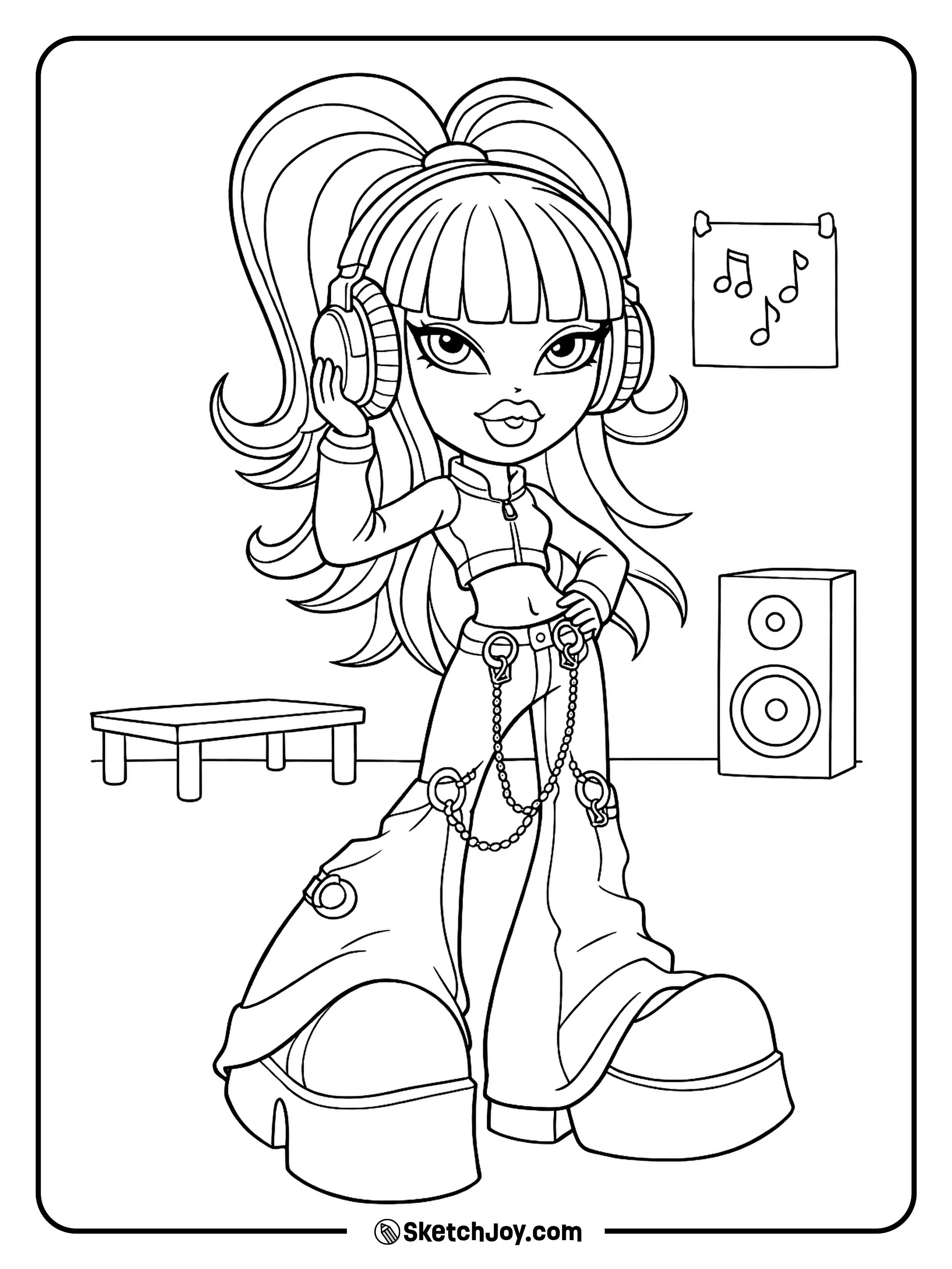 Jade wears headphones next to a speaker and a small music note poster.