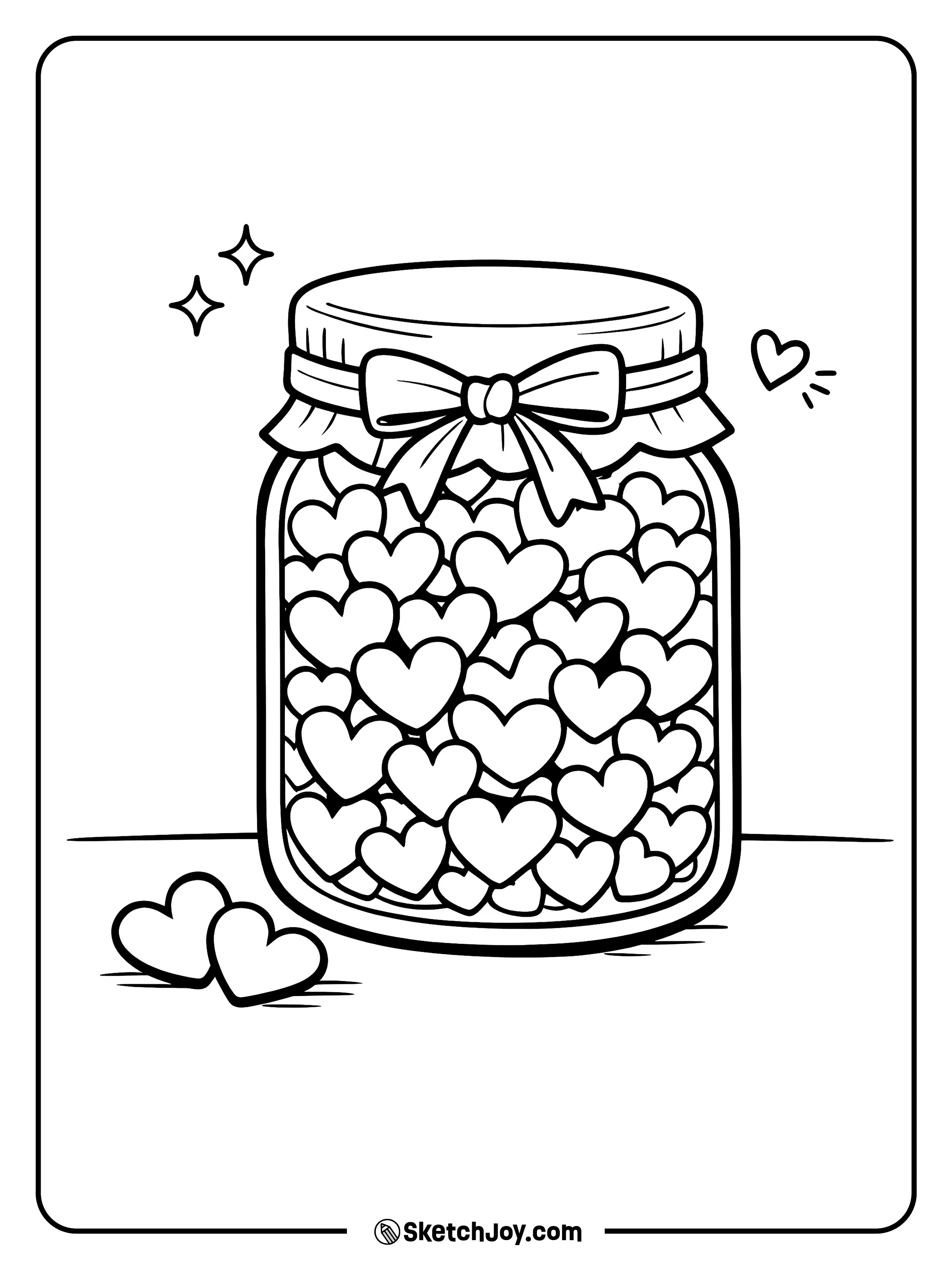 A big jar is packed with little hearts like candy.