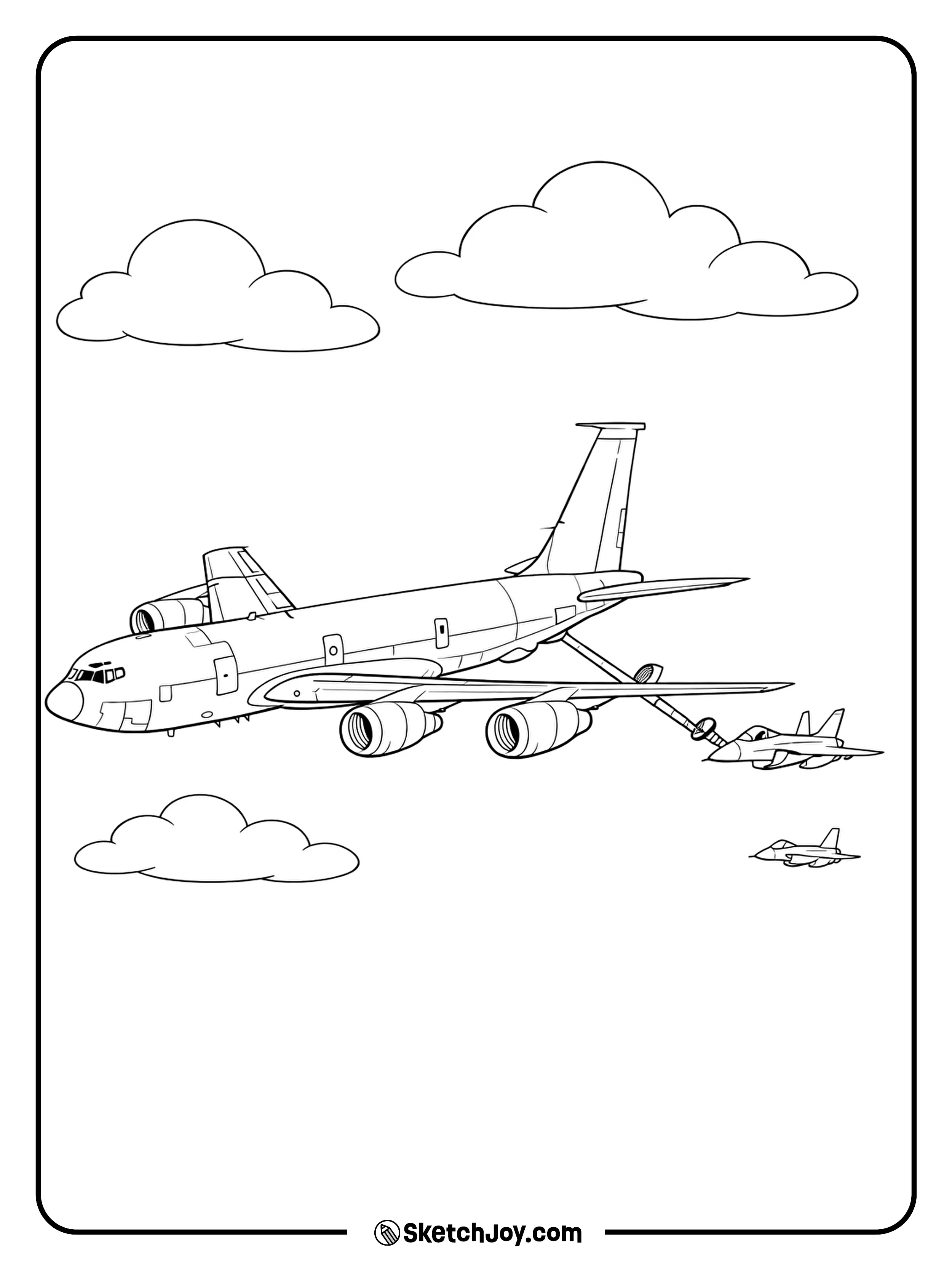 A tanker flies steady as a jet connects for fuel in the sky.