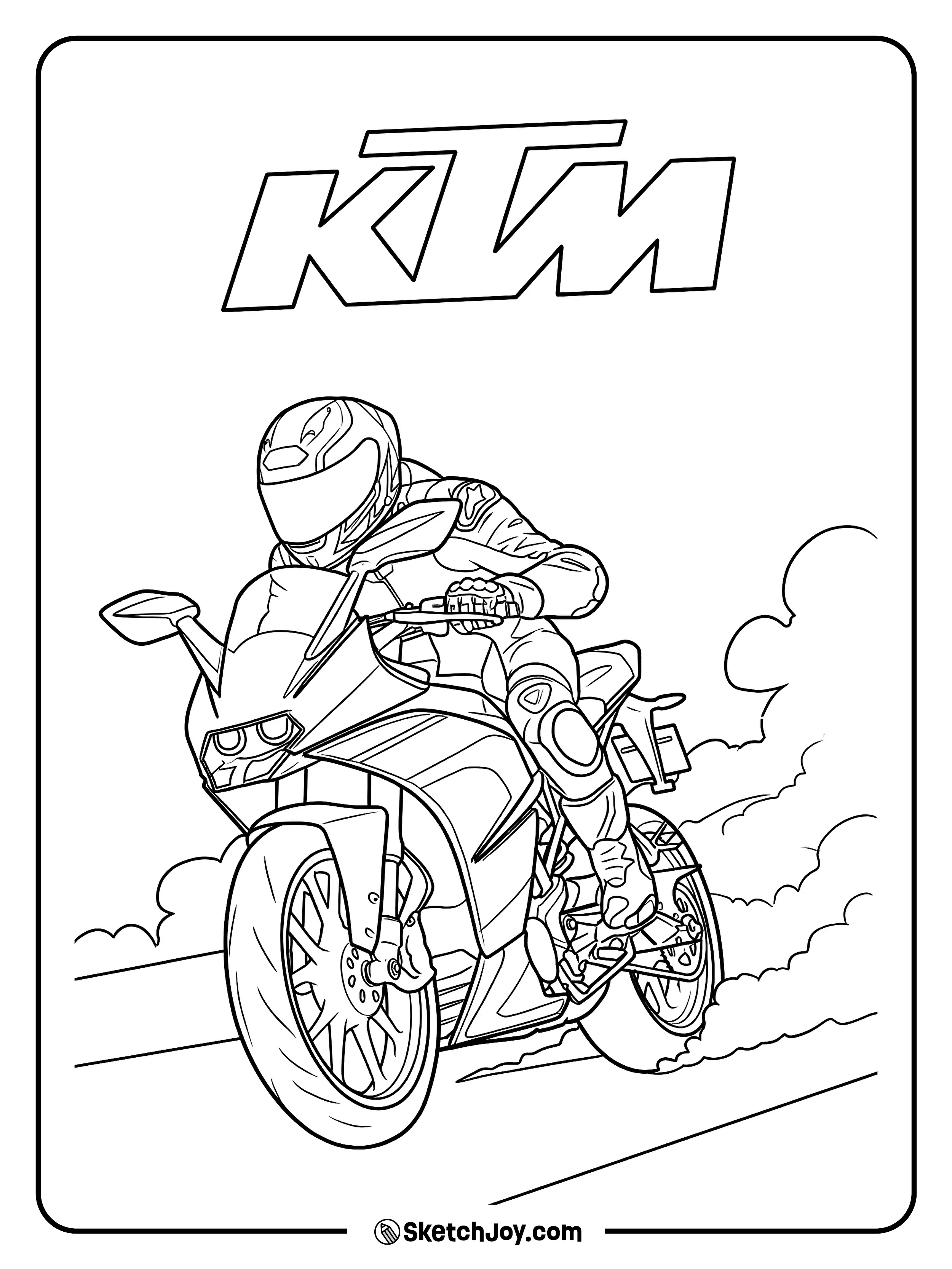 A KTM rider leans into a fast corner with a light smoke trail.