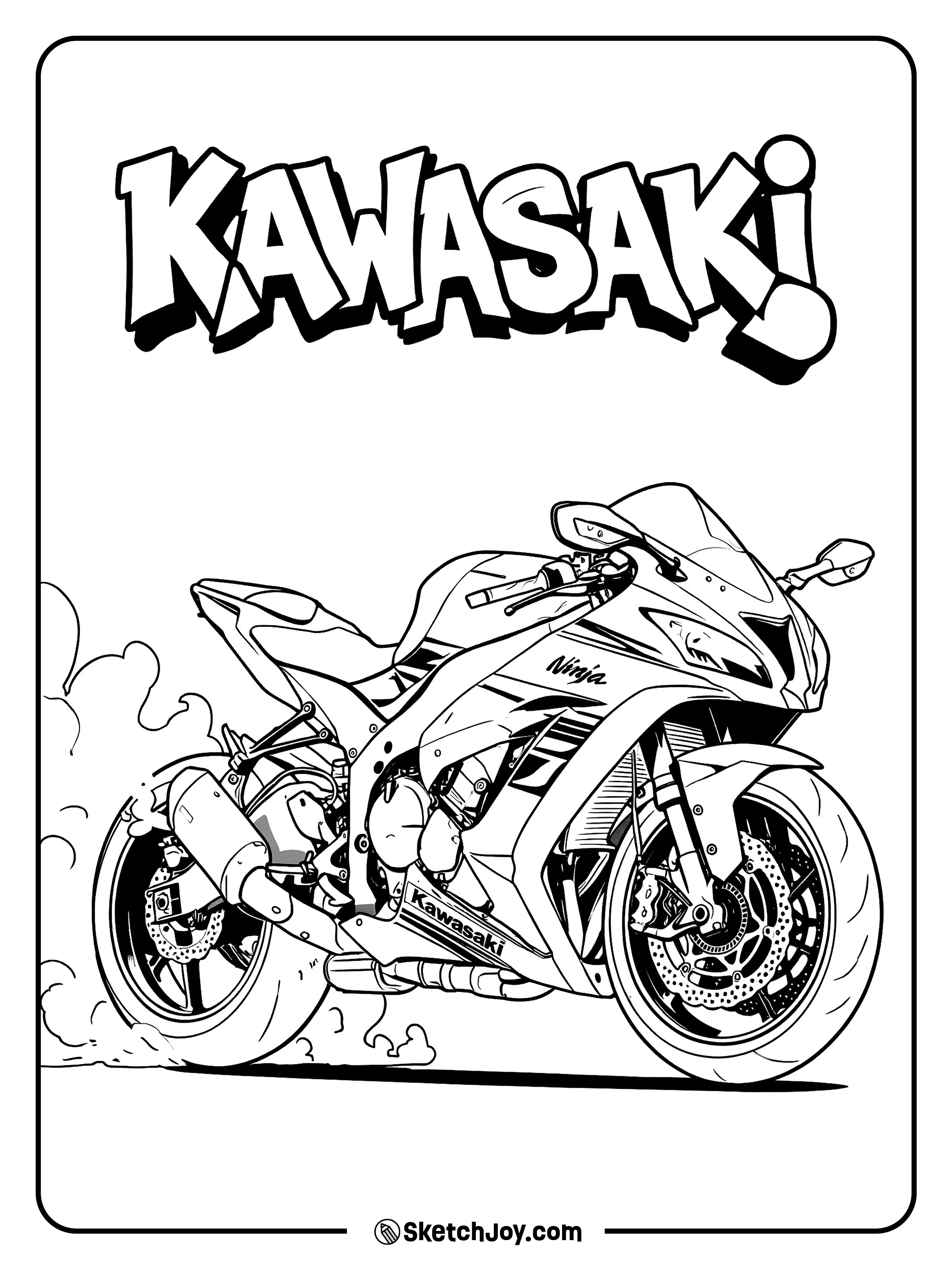 A Kawasaki Ninja leans forward as smoke trails behind.