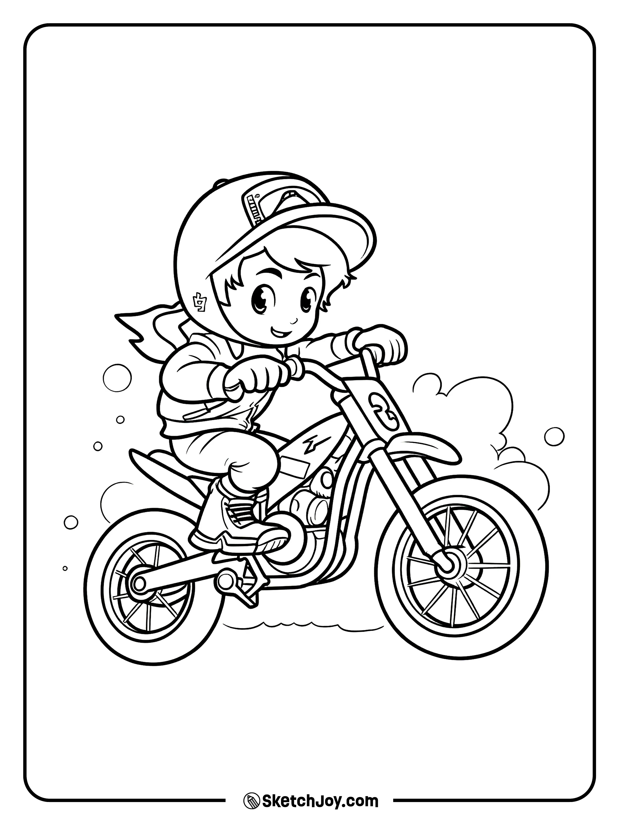 A happy kid rides a small dirt bike with a big helmet on.