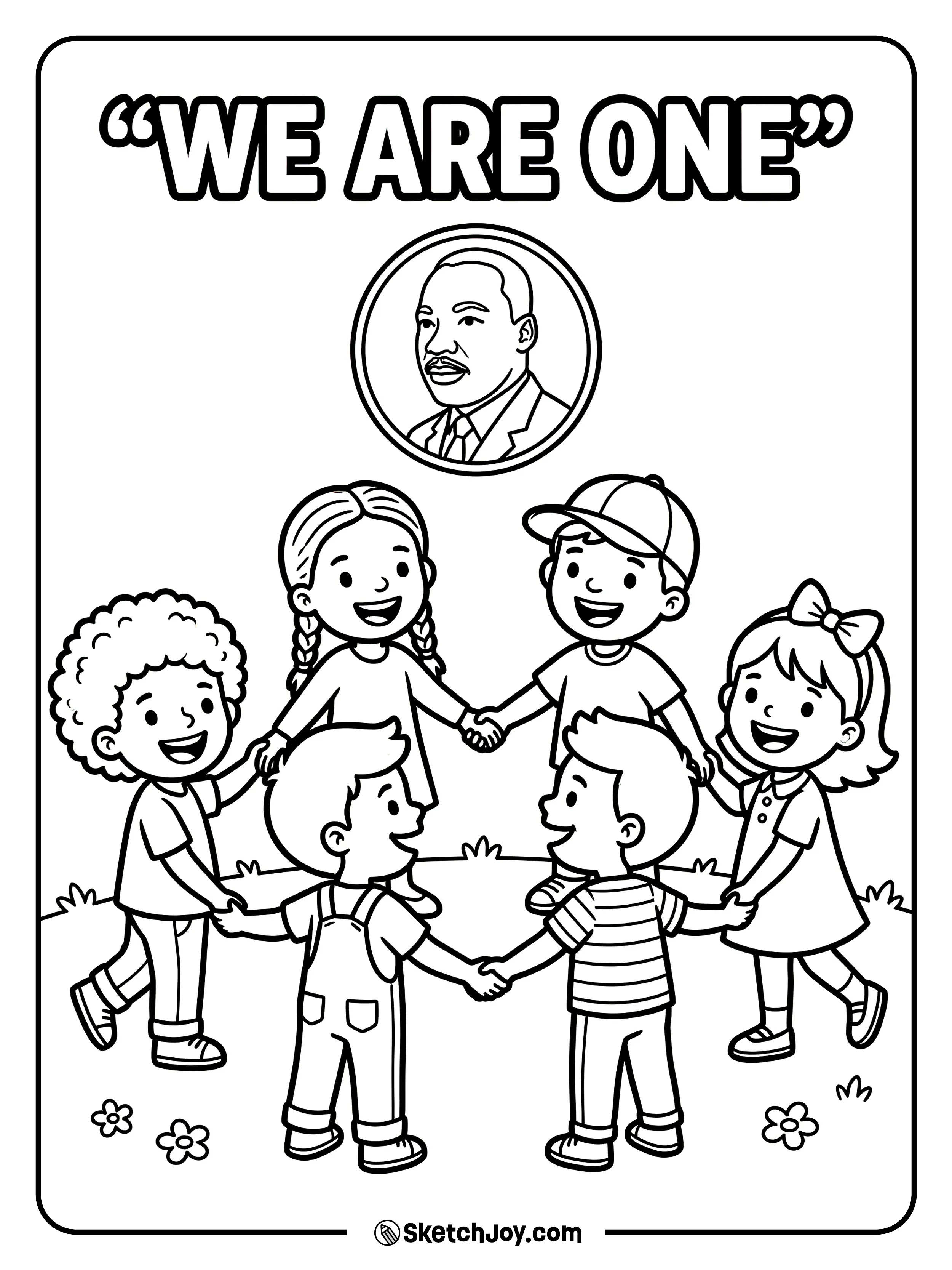 Children hold hands in a circle with “WE ARE ONE” above them.