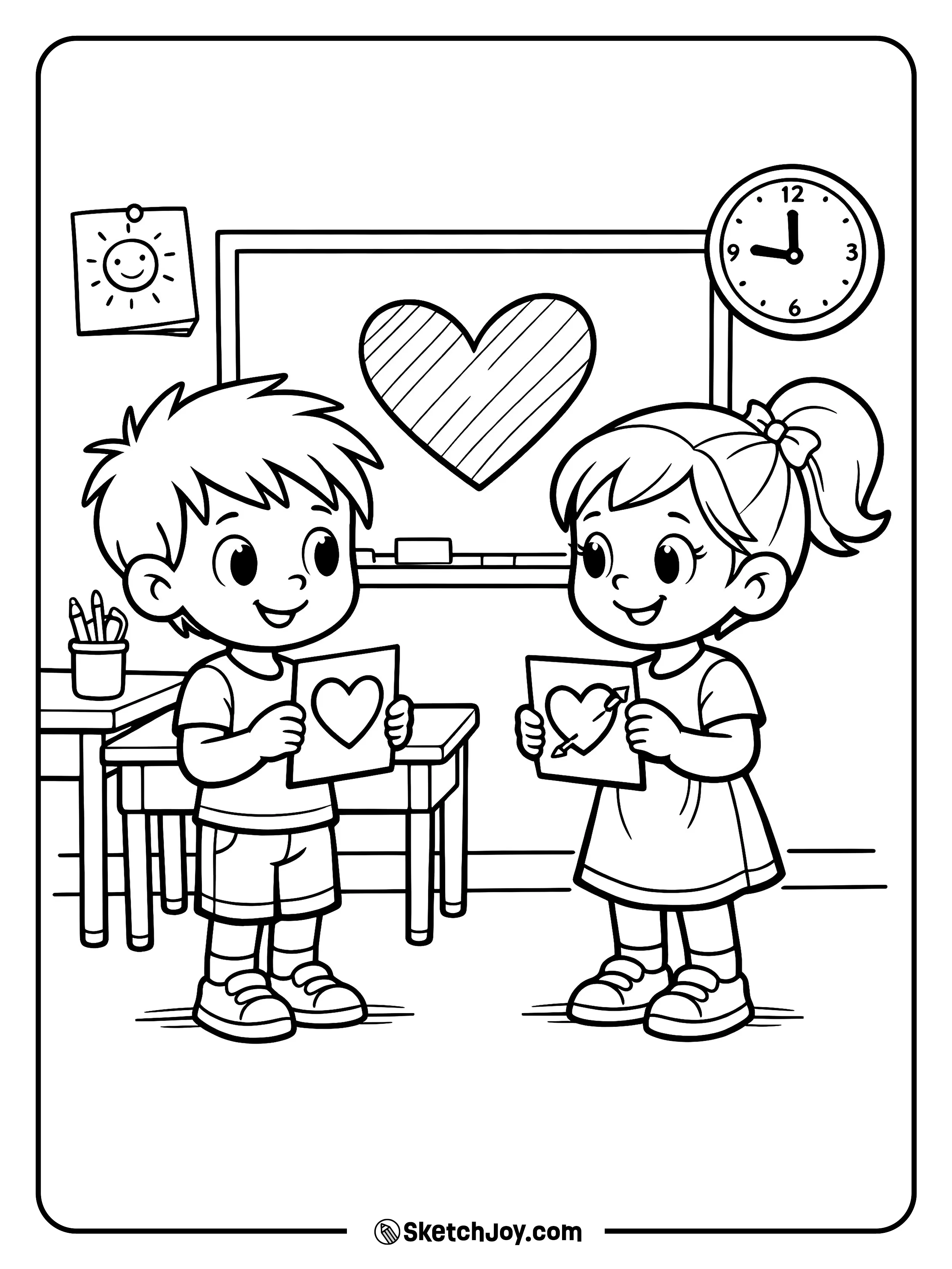 Two kids swap Valentine cards with big smiles.