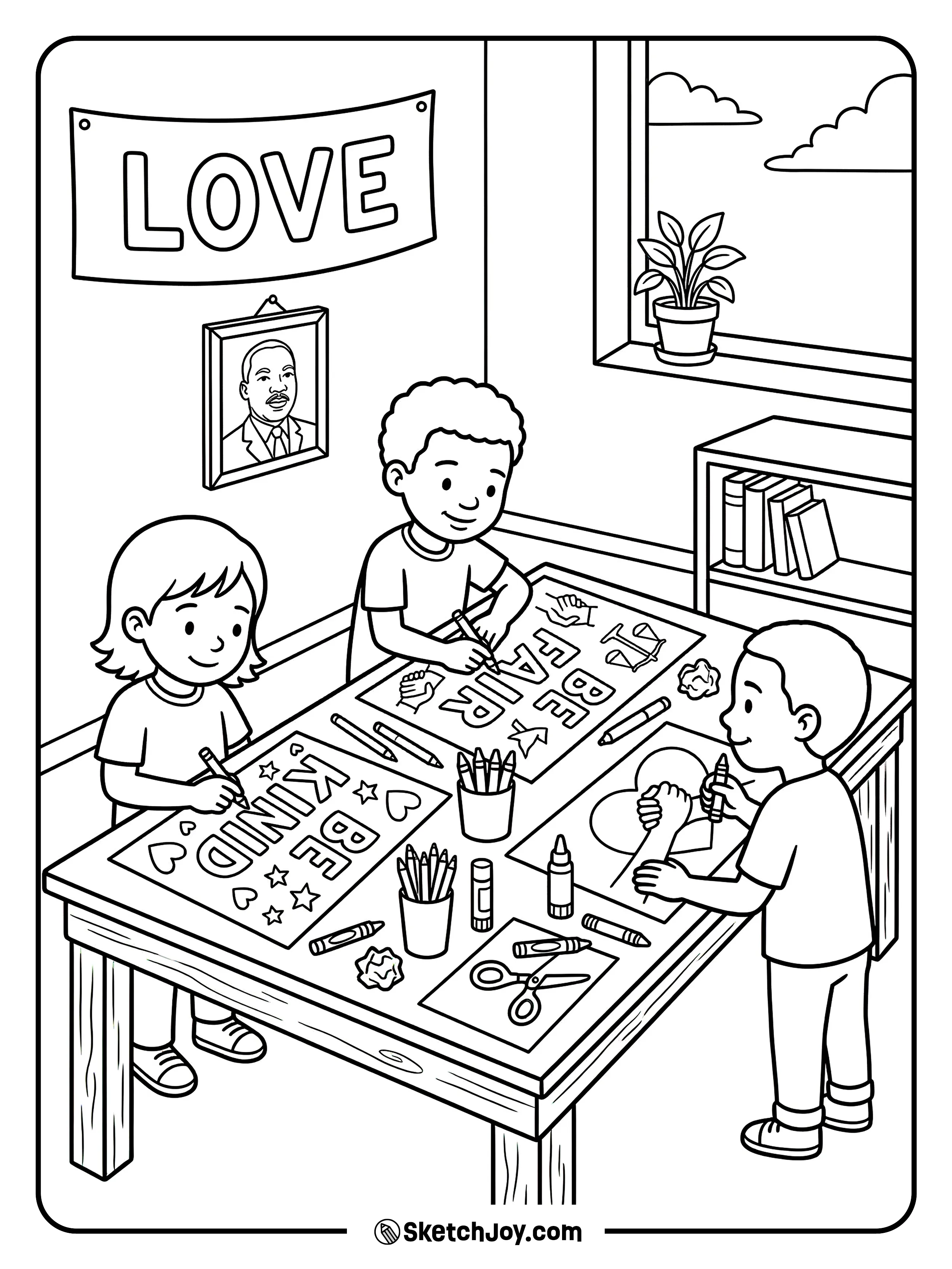 Students paint posters that say “BE KIND” and “BE FAIR.”